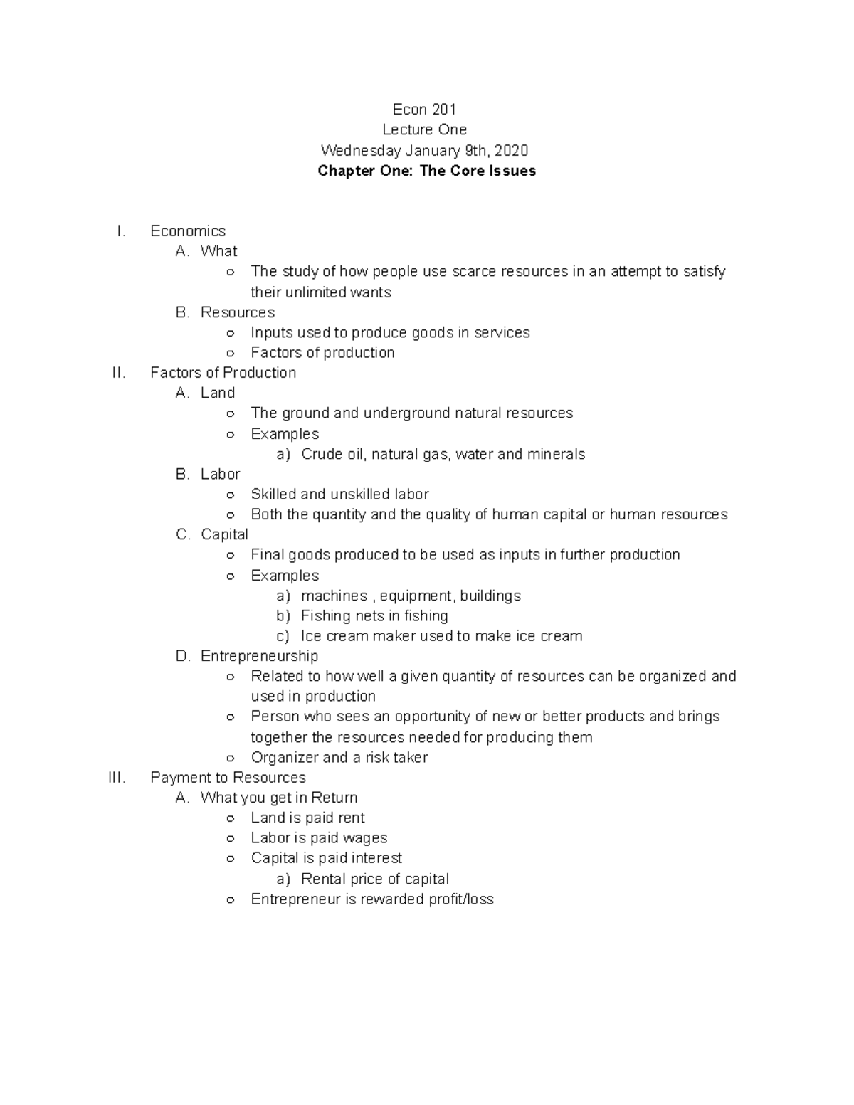 chapter-one-the-core-issues-econ-201-lecture-one-wednesday-january