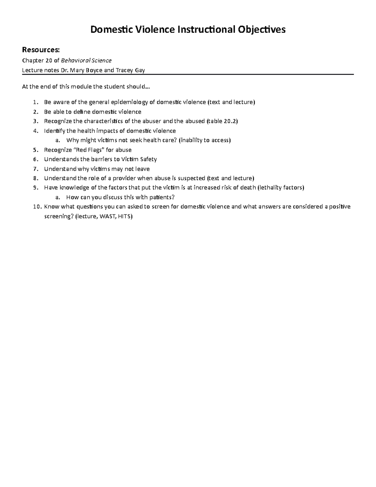 Domestic Violence Objectives Domestic Violence Instructional