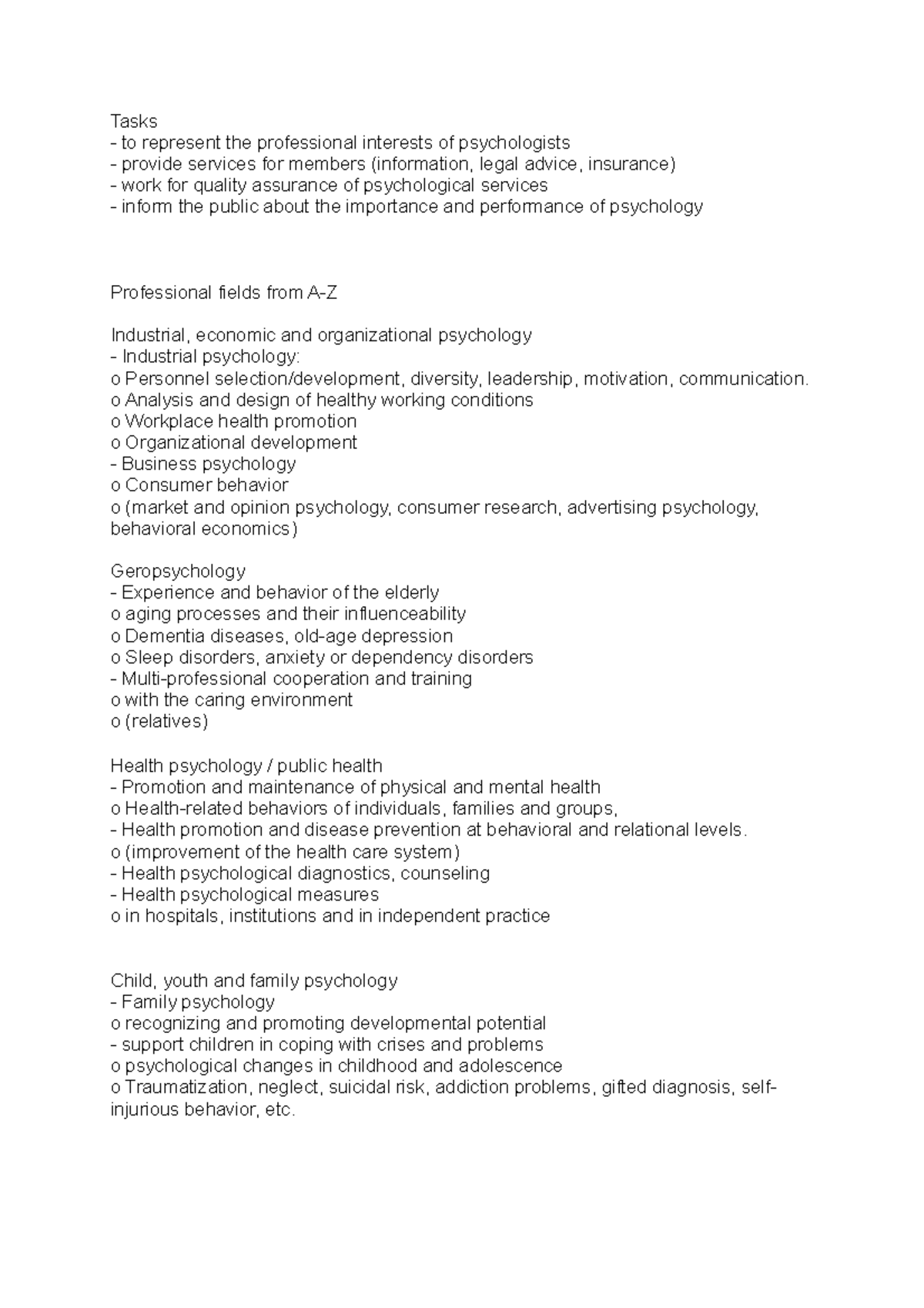 Tasks Cognitive Psychology Tasks to represent the professional