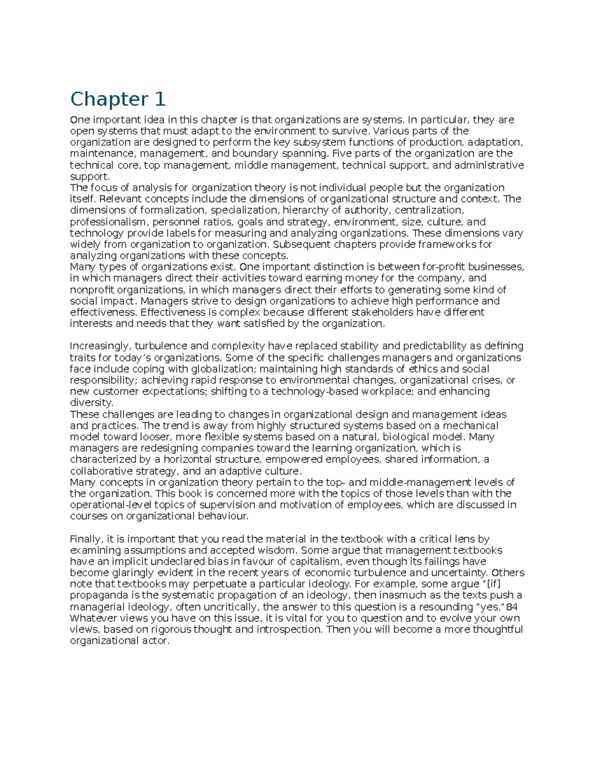 OB Midterm - Chapter 1 One important idea in this chapter is that ...