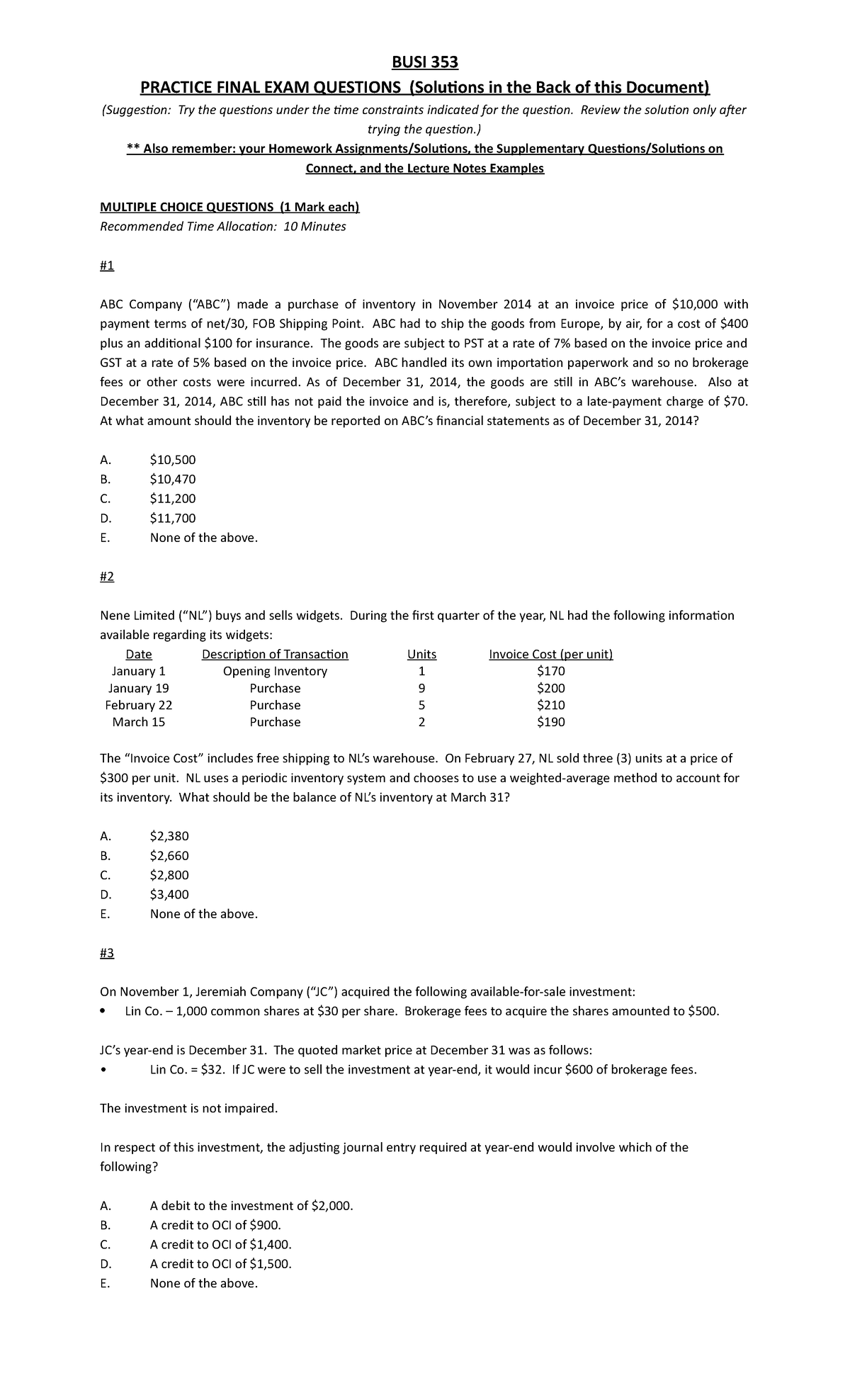 Practice Final Questions April 2015 with Solutions v1 - BUSI 353 ...