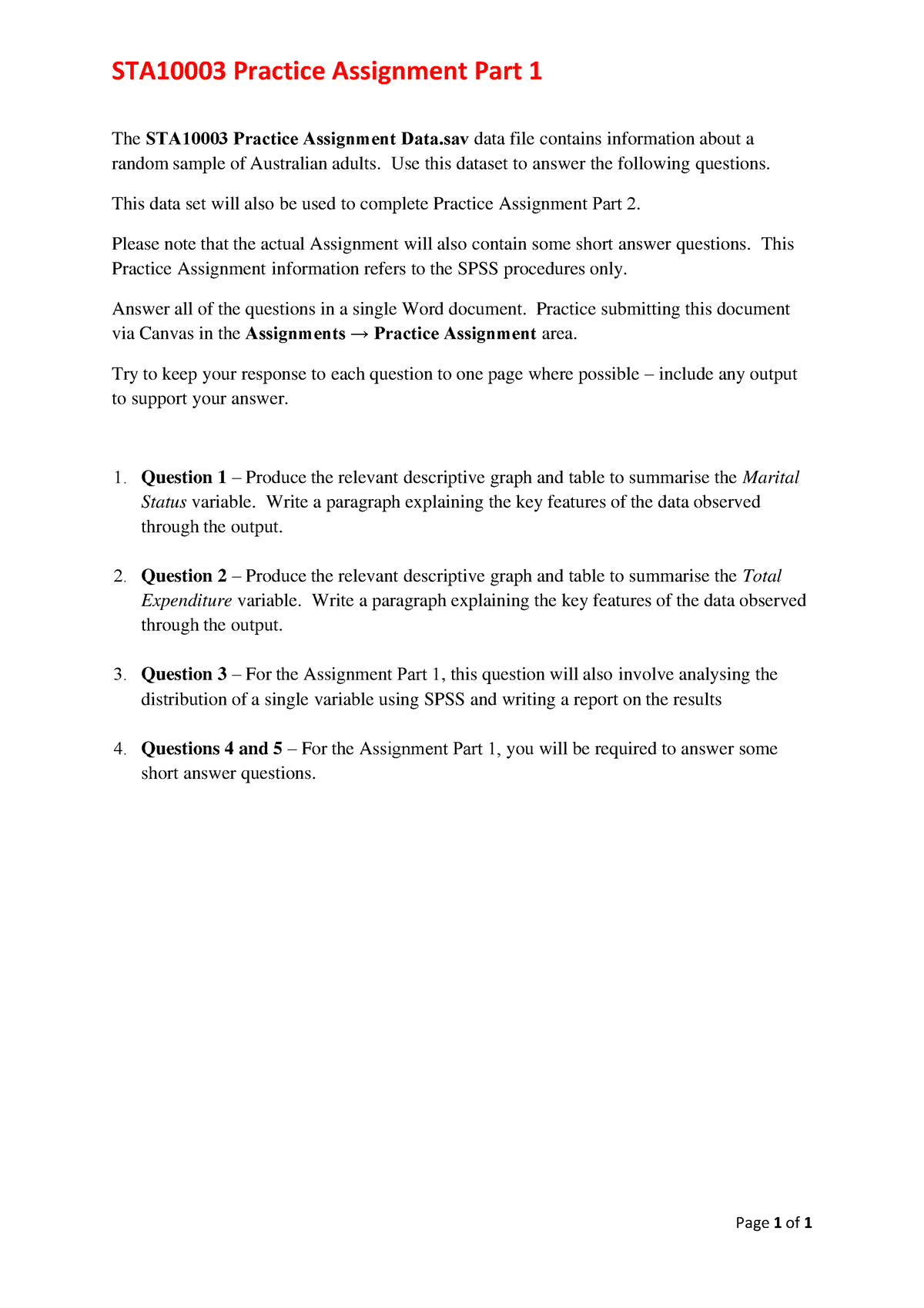 STA10003 Practice Assignment Part 1 Information - Page 1 Of 1 STA10003 ...