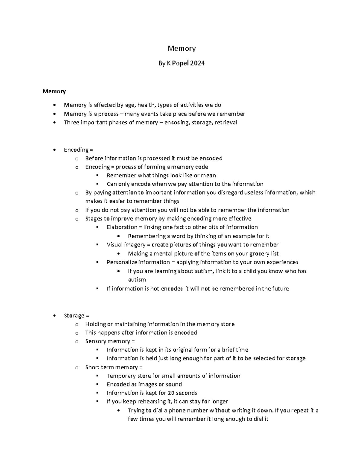 PYC1501 Memory - Summary Introduction To Psychology - Memory By K Popel ...