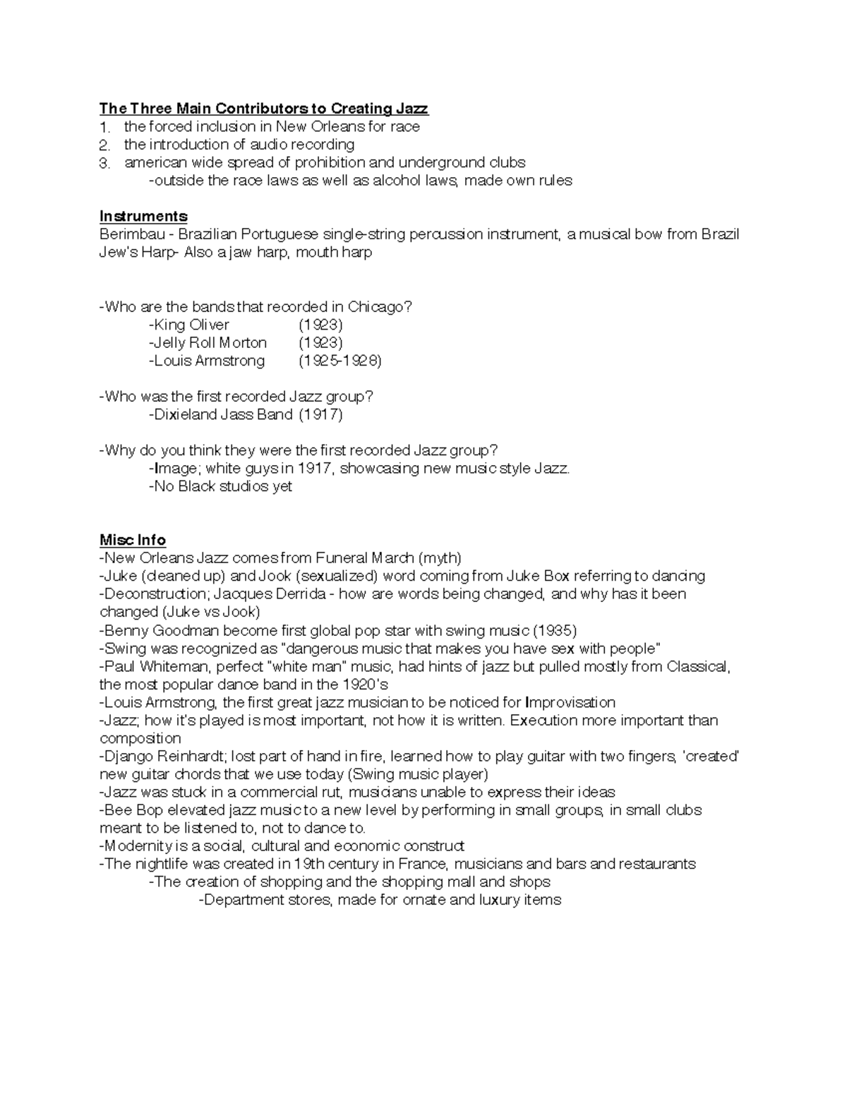 Music 121 History Of Jazz - Master Notes - The Three Main Contributors ...