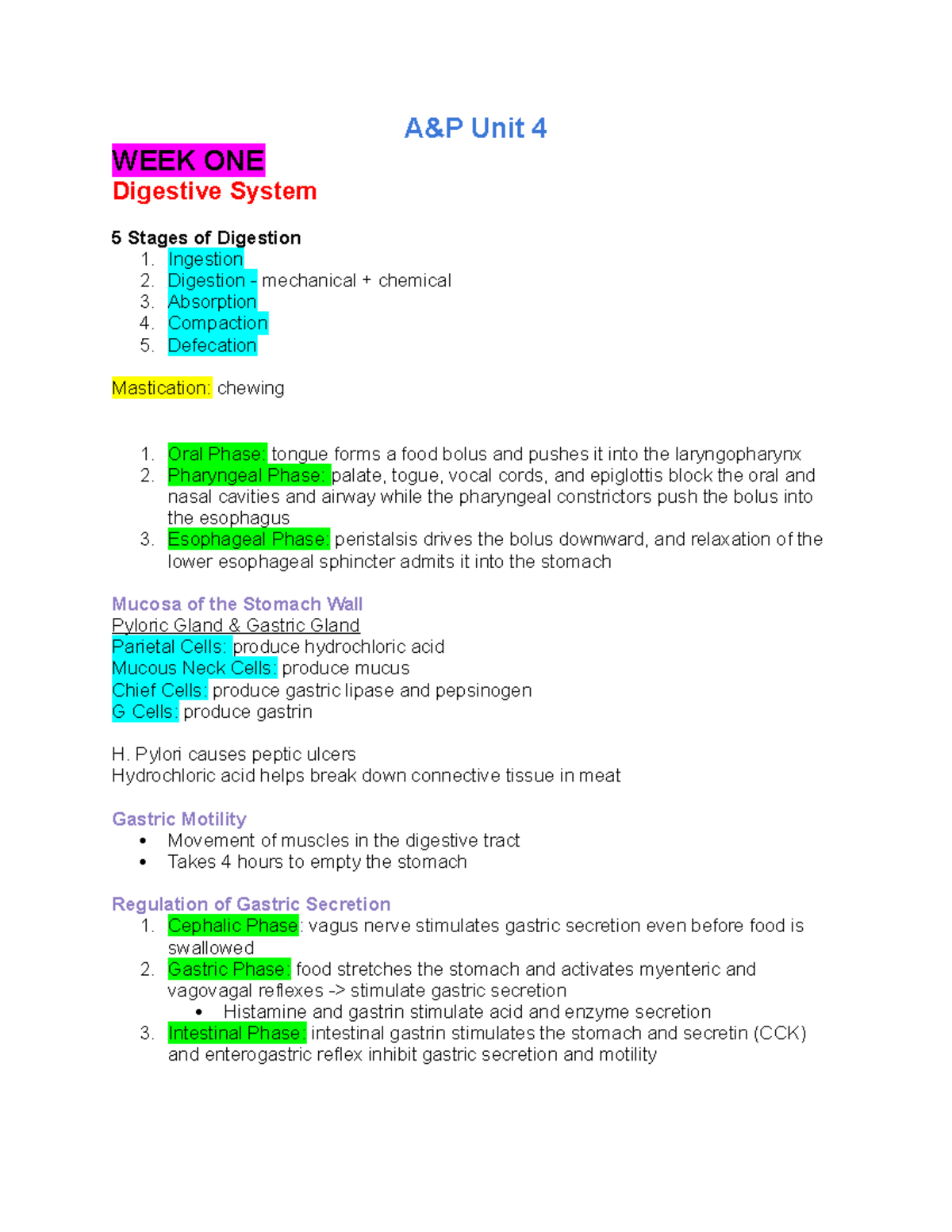 Digestion - A&P Unit 4 WEEK ONE Digestive System 5 Stages of Digestion ...