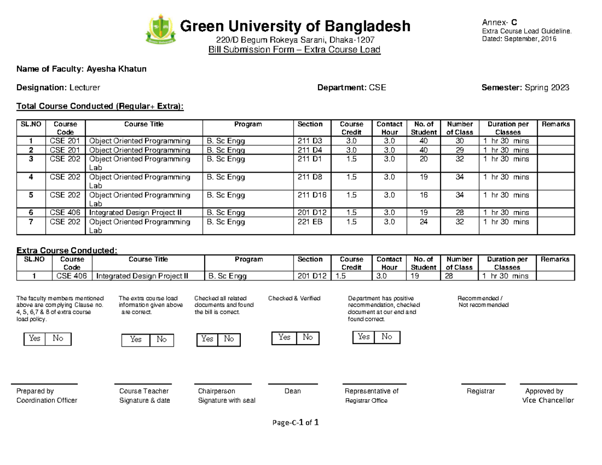 Extra laod format Fall 2022 - Page-C- 1 of 1 Green University of ...