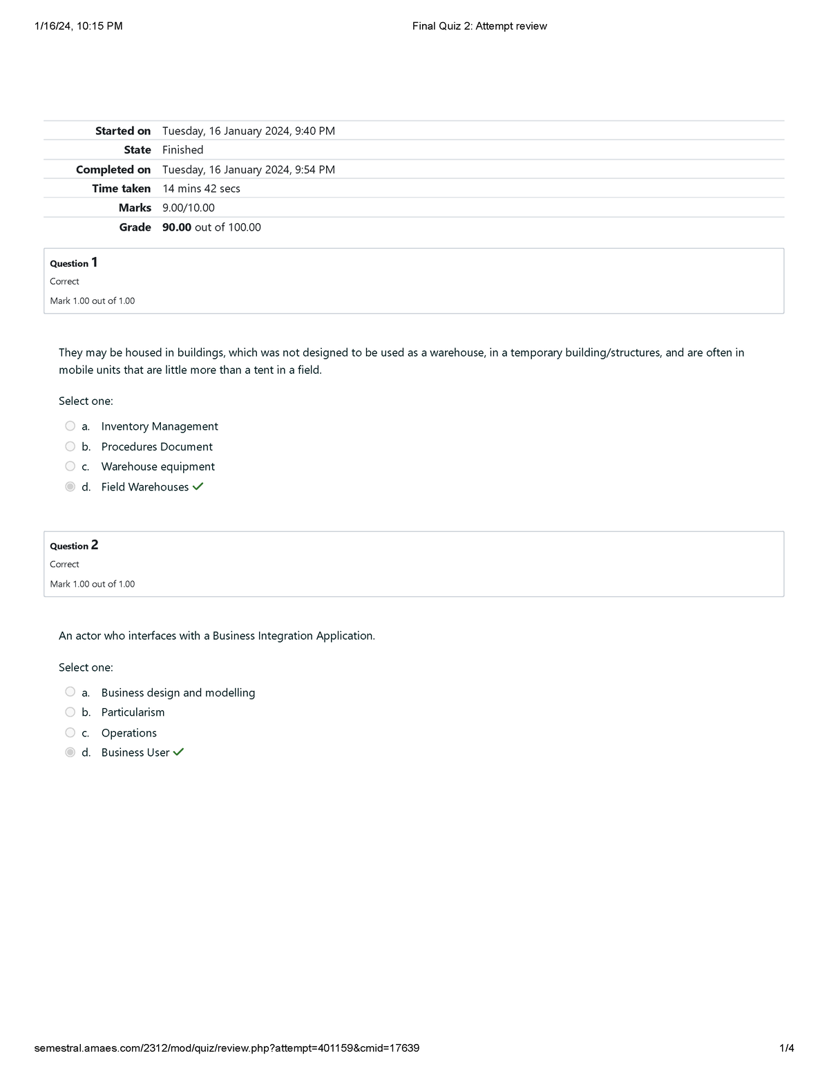 Business Process Management Final Quiz 2 Attempt review - Started on ...