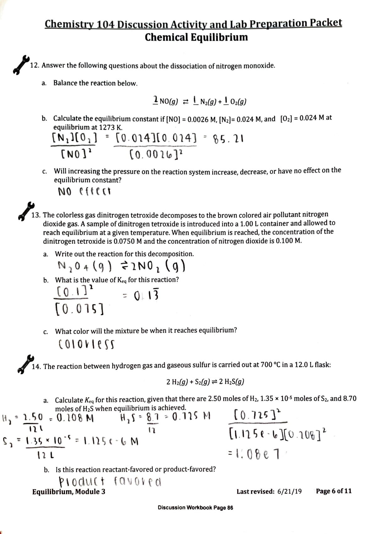 chemical equilibrium homework packet