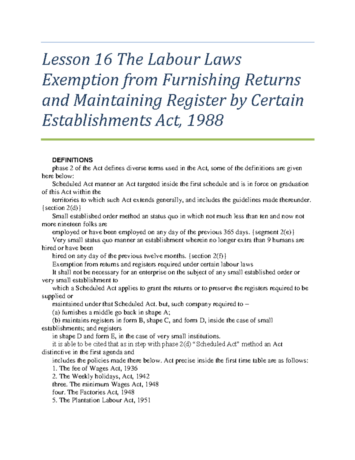 Lesson 16 The Labour Laws Exemption from Furnishing Returns and
