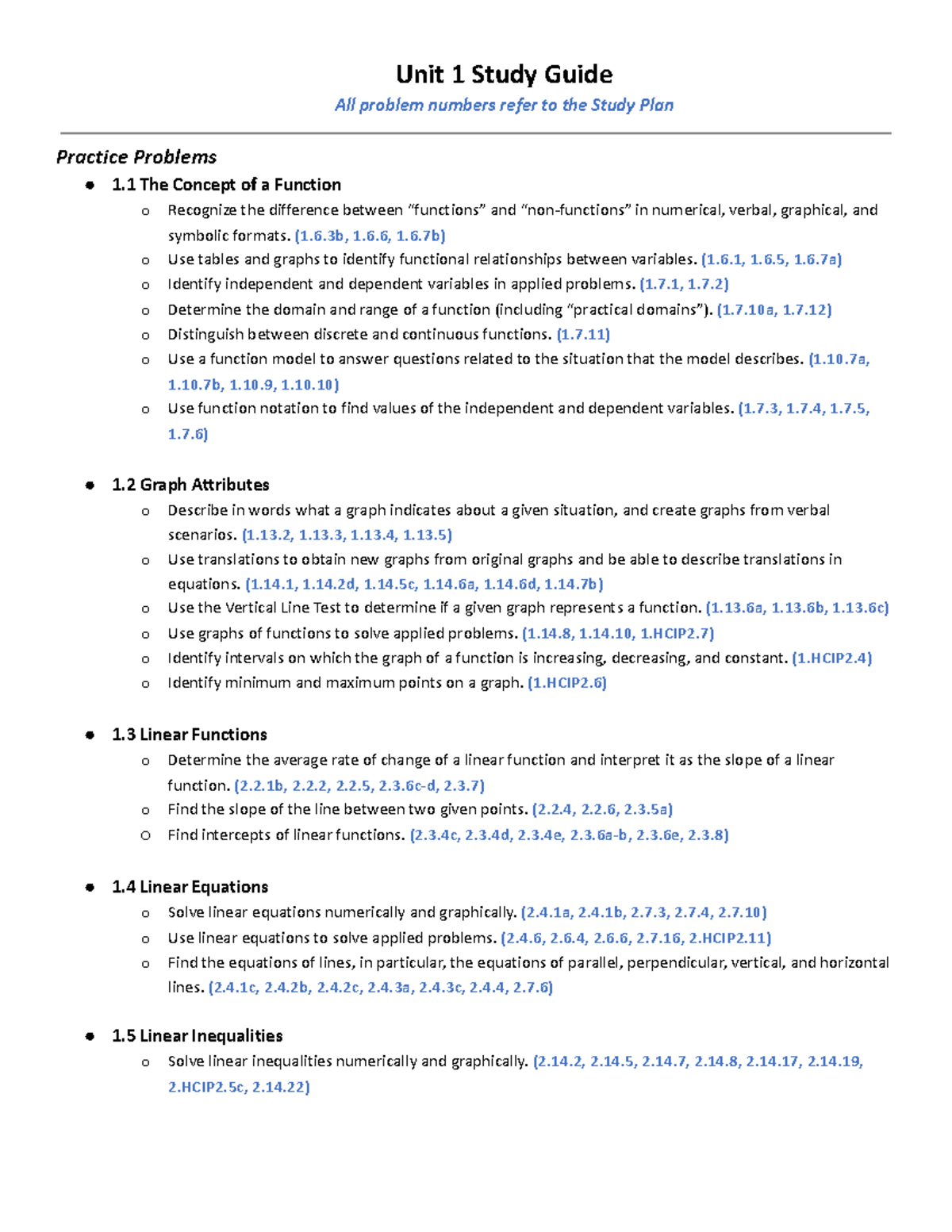 Unit 1 Study Guide - Unit 1 Study Guide All Problem Numbers Refer To ...