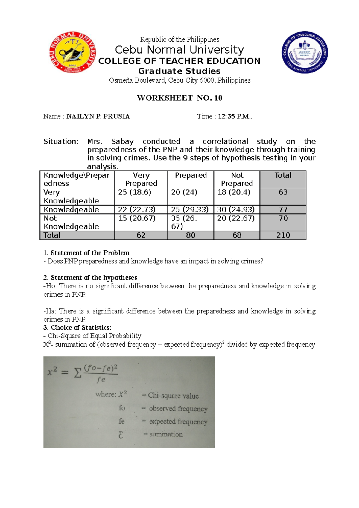 Worksheet 10 - Statistics - Republic of the Philippines Cebu Normal ...