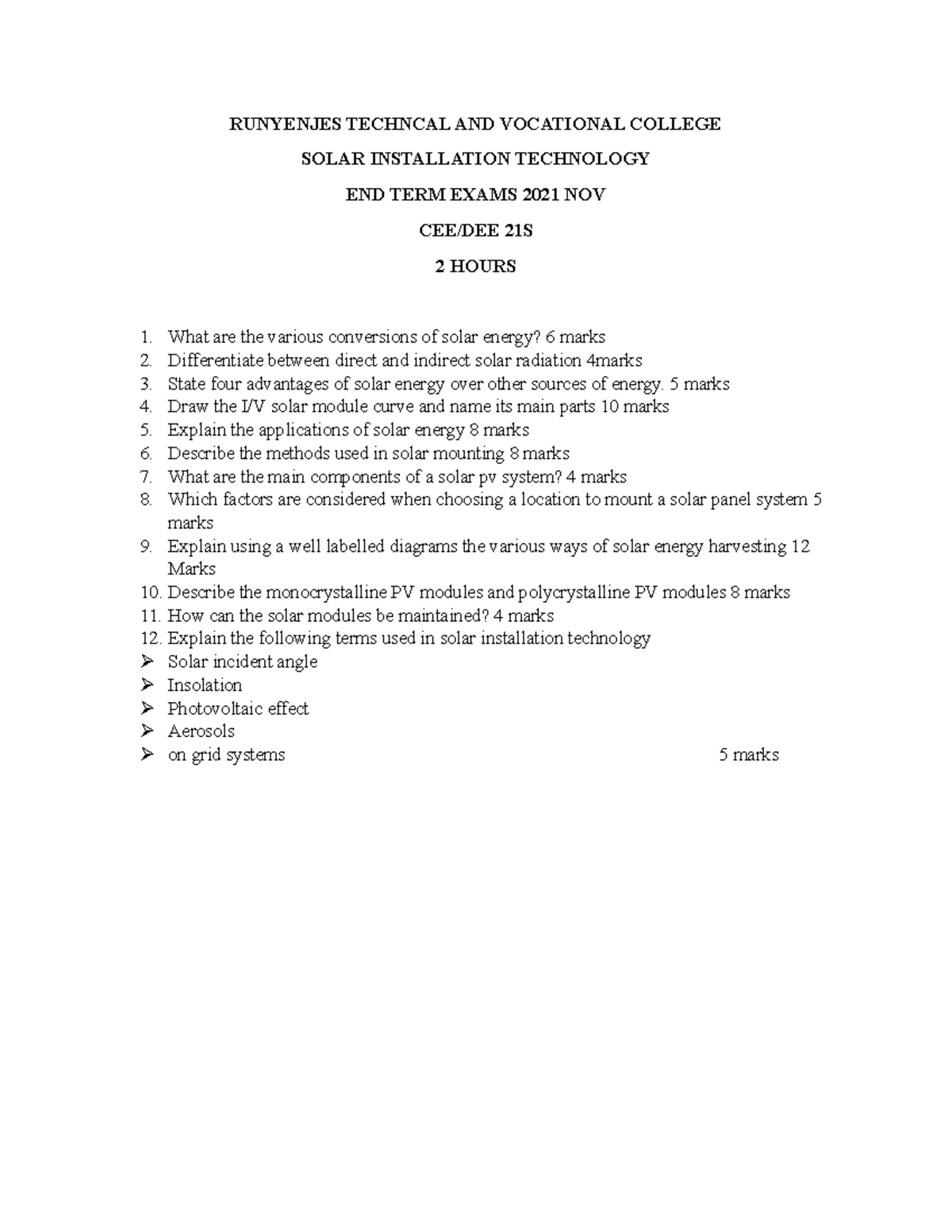 Solar INST EXAM - RUNYENJES TECHNCAL AND VOCATIONAL COLLEGE SOLAR ...