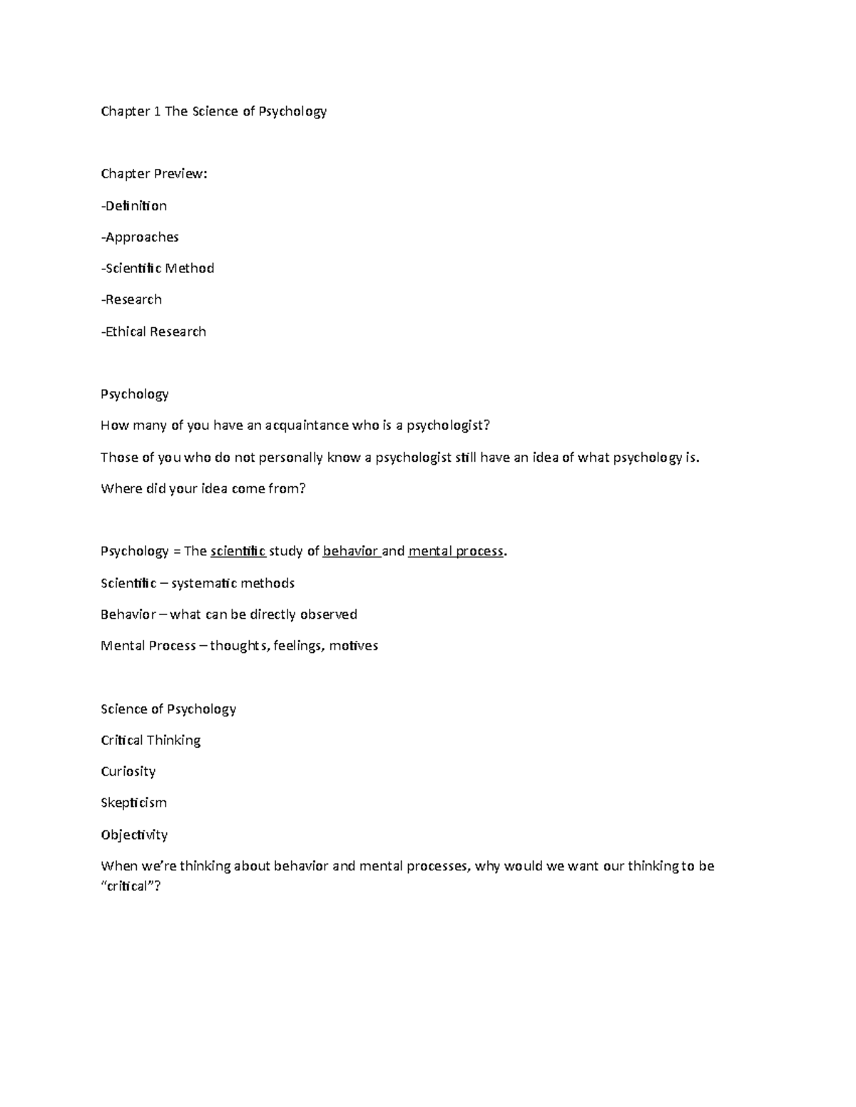 PSY101 Chapter 1 Notes - Karen Reeder - Chapter 1 The Science of ...