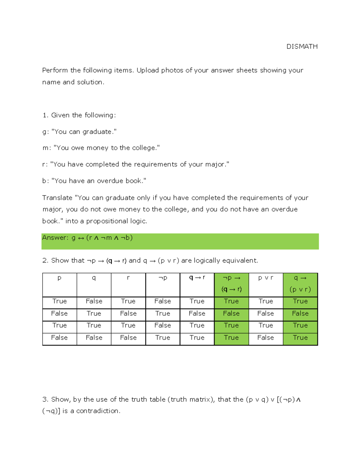 Prelim tp-exam - Propositional Logic - DISMATH Perform the following ...