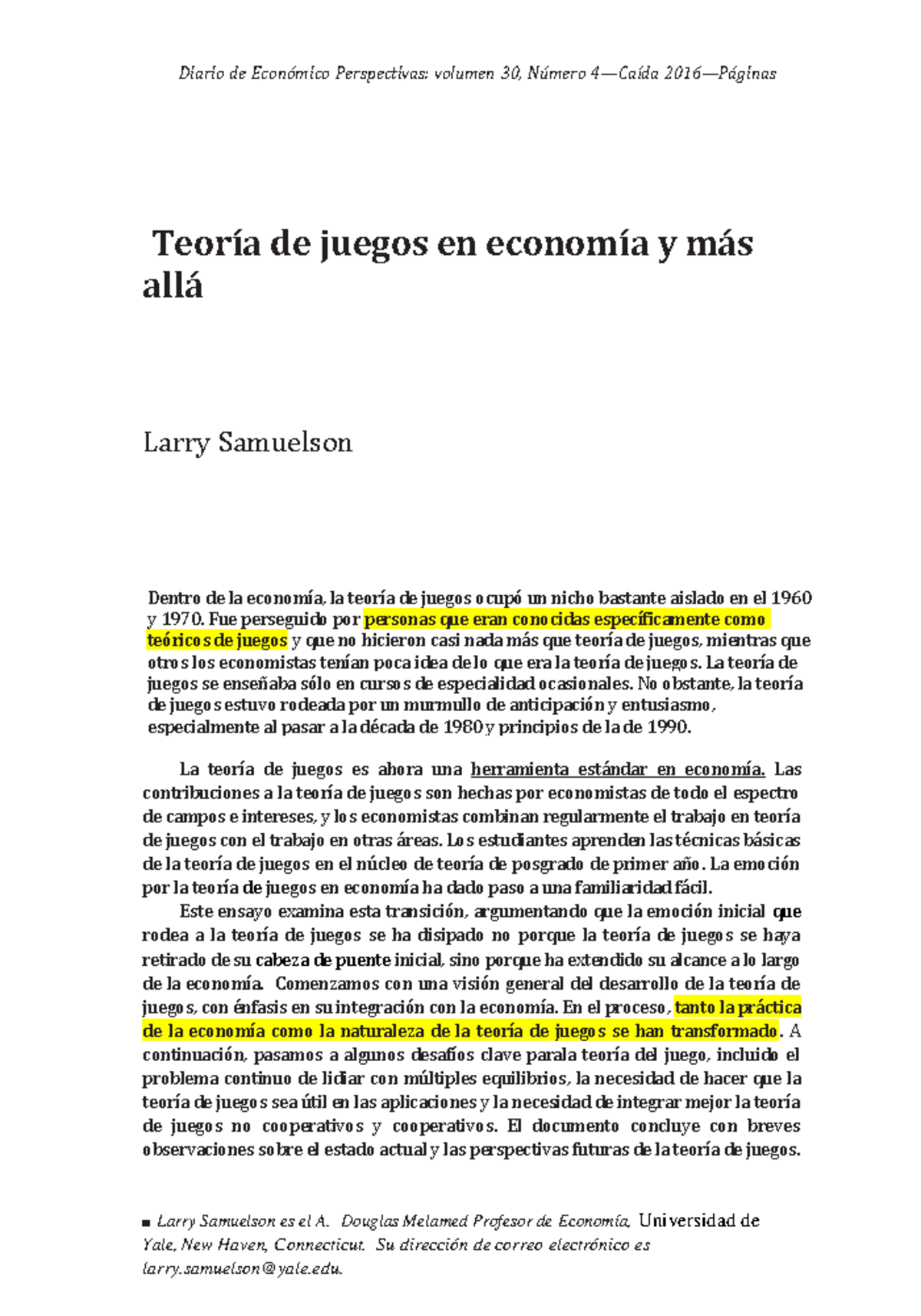 Samuelson Game Theory in Economics and Beyond - Español - Diario de ...