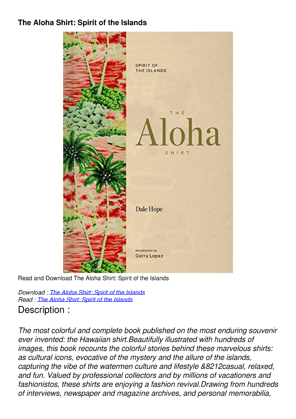 READ DOWNLOAD] The Aloha Shirt: Spirit of the Islands - The Aloha