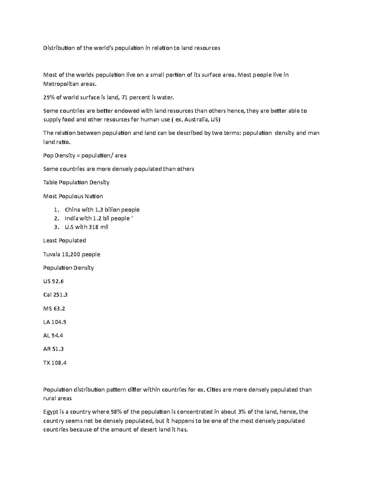 Land Economics 10252019 Distribution of the world’s population in relation to land resources