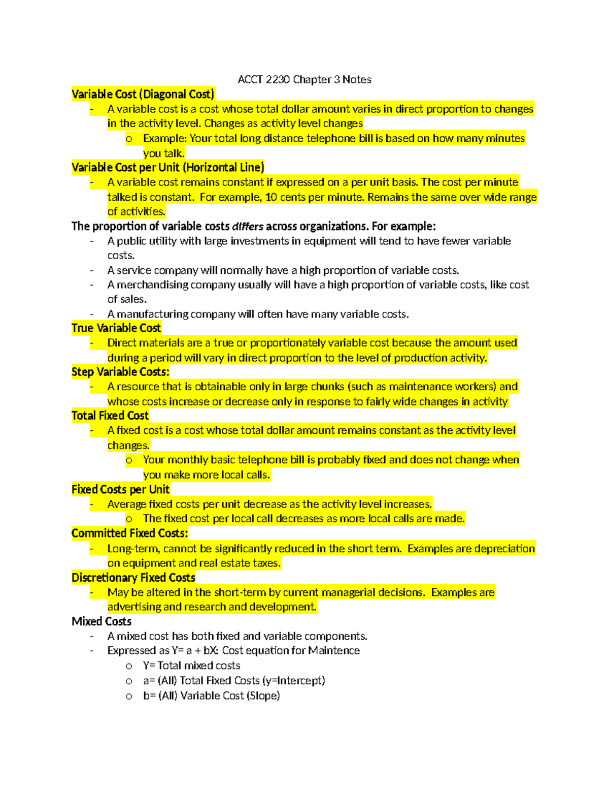 ACCT 2230 Chapter 3 Notes - ACCT 2230 Chapter 3 Notes Variable Cost ...