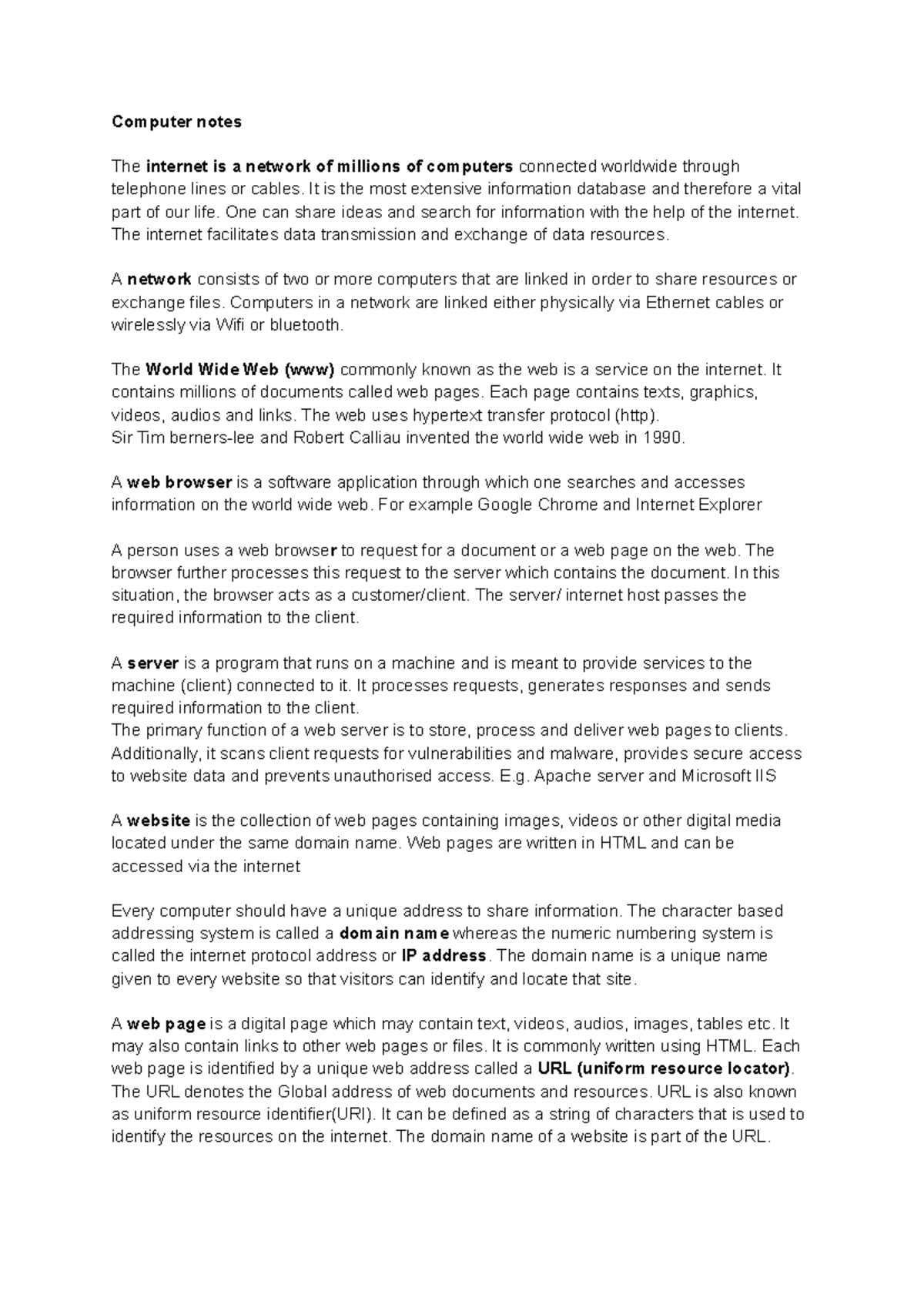 Computer - Notes - Computer notes The internet is a network of millions ...