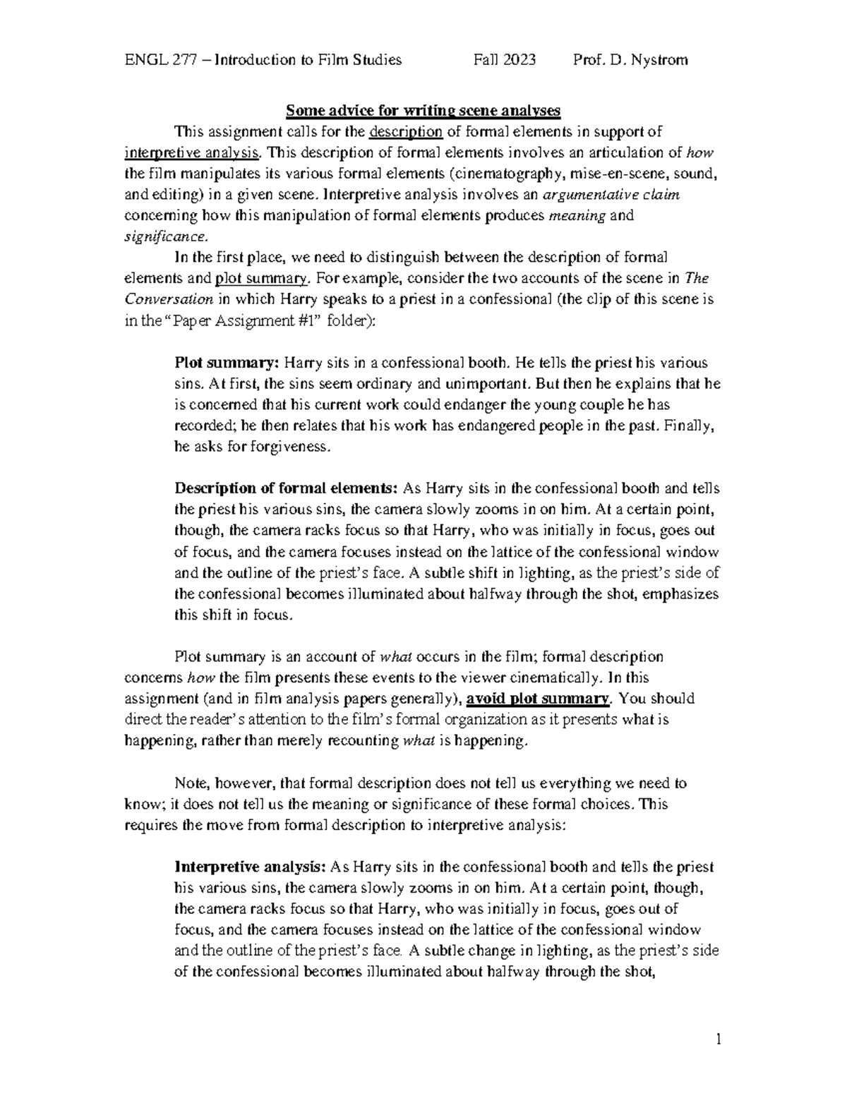 277 23 advice paper 1 - ENGL 277 – Introduction to Film Studies Fall 20 ...