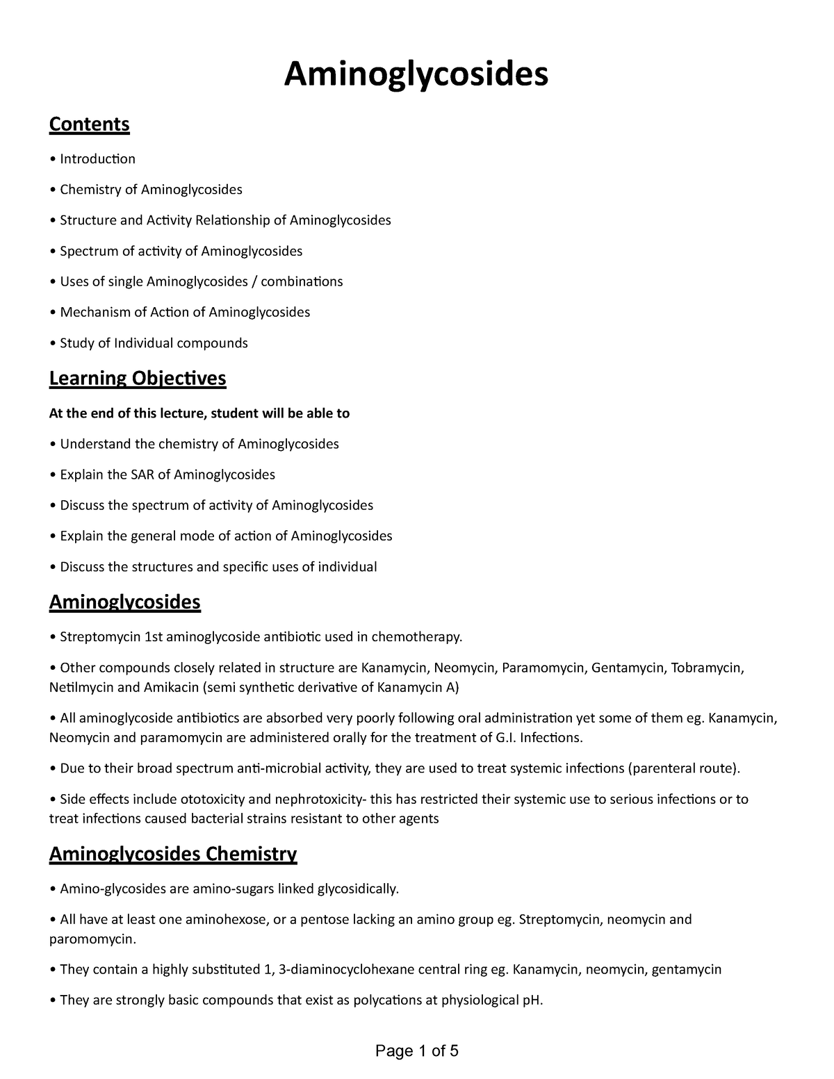 Chapter - 3 Aminoglycosides - Page 1 Of 5 Contents Aminoglycosides ...