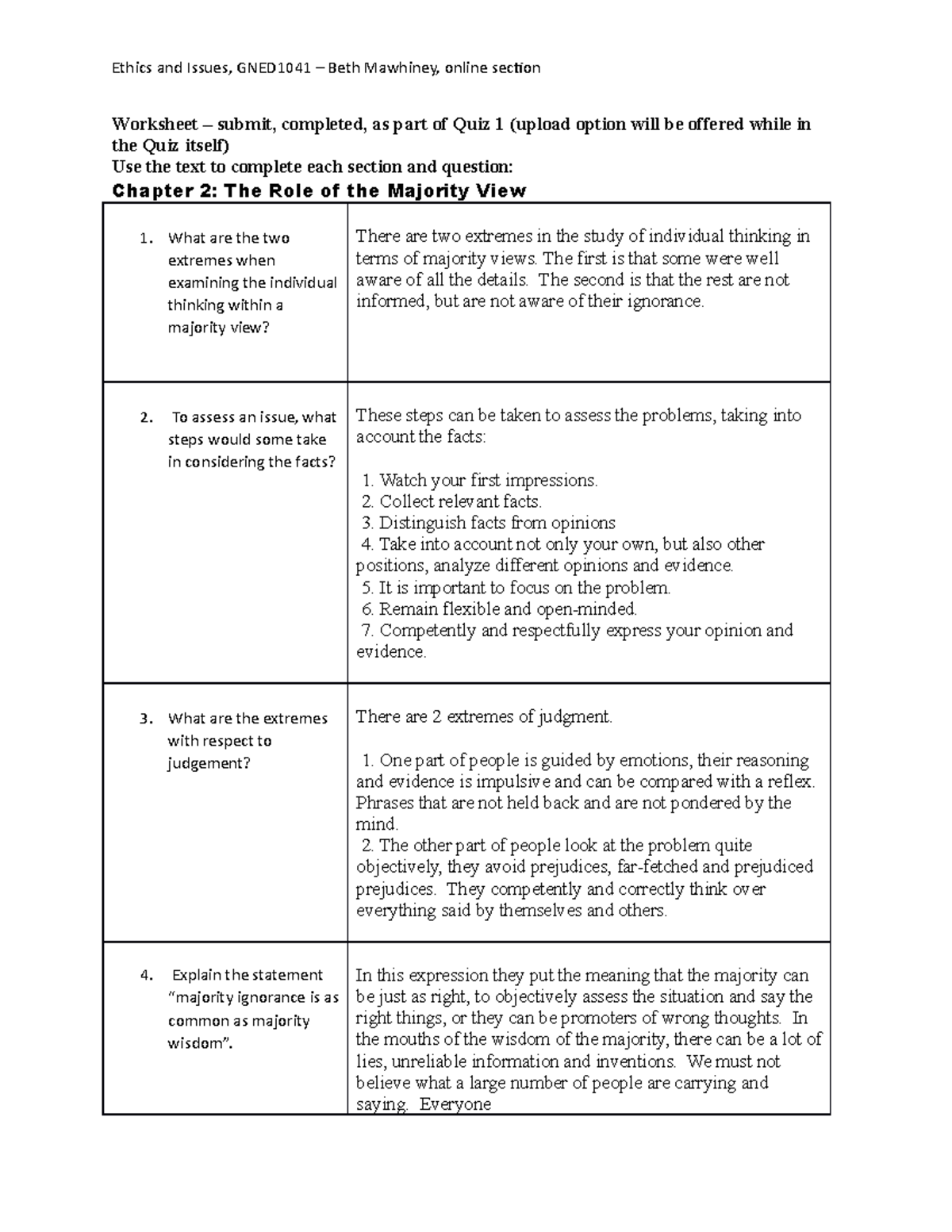 Quiz 1 assignment - Worksheet – submit, completed, as part of Quiz 1 ...