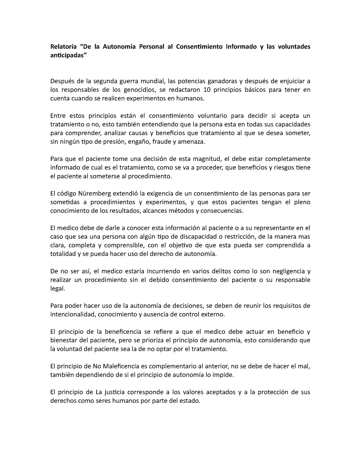 Solucion Relatoria De La Autonomia Al Consentimiento Relatoría “de La Autonomía Personal Al