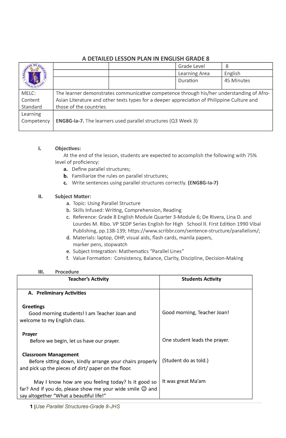 DLP Grade-8-Use Parallel Structures - A DETAILED LESSON PLAN IN ENGLISH ...