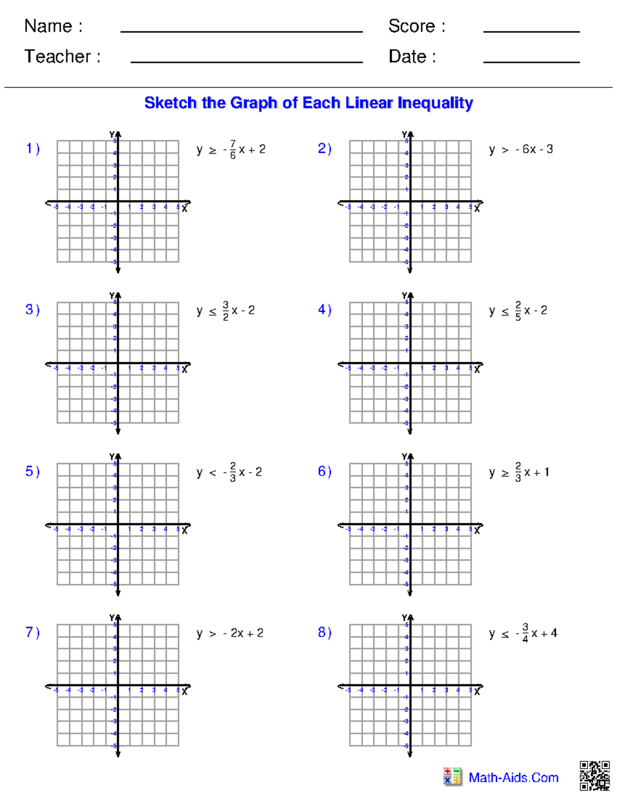 Algebra 1 func graph inequalities - Name : Teacher : Date : Score ...