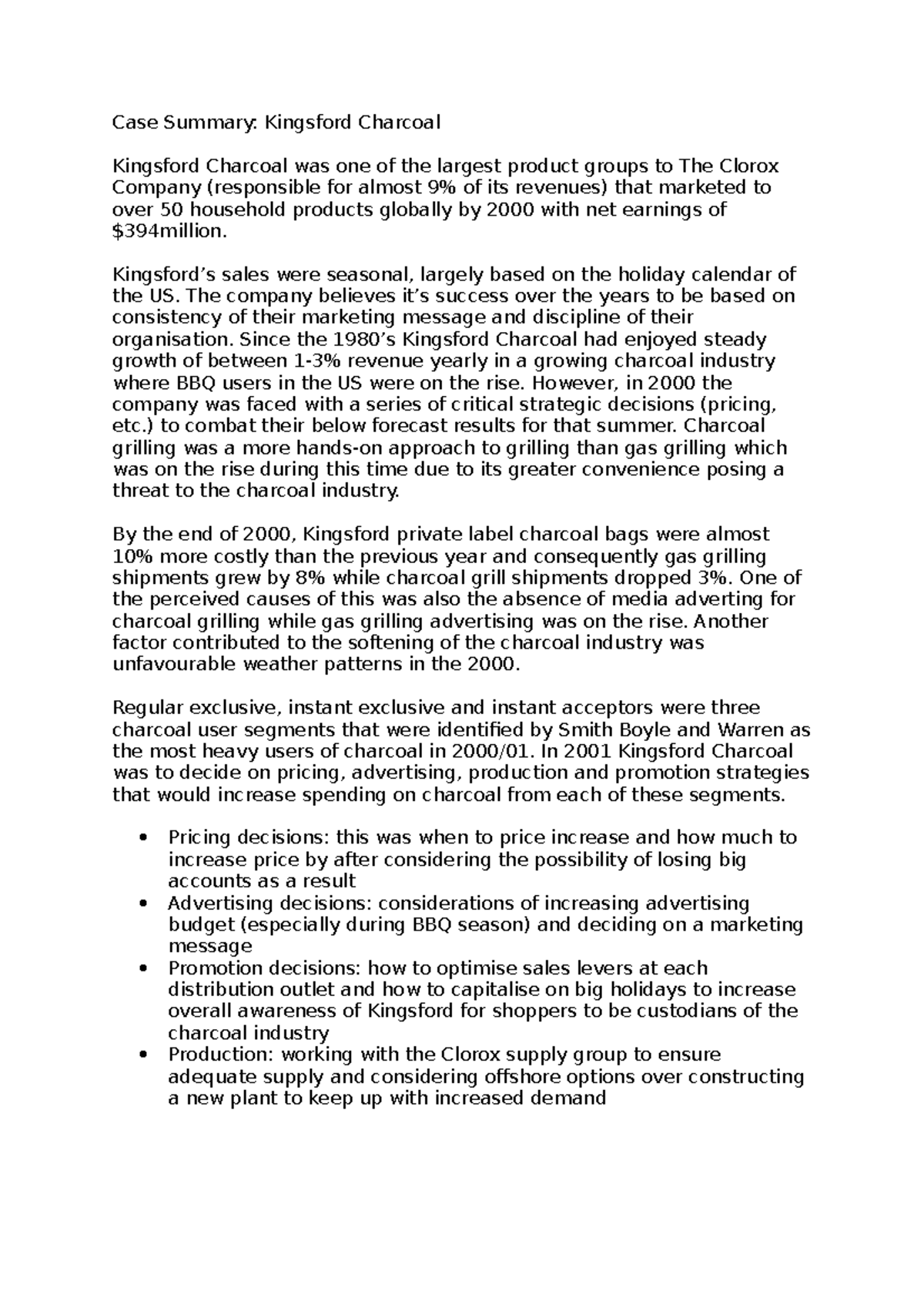 Kingsford Case Summary Case Summary Kingsford Charcoal Kingsford