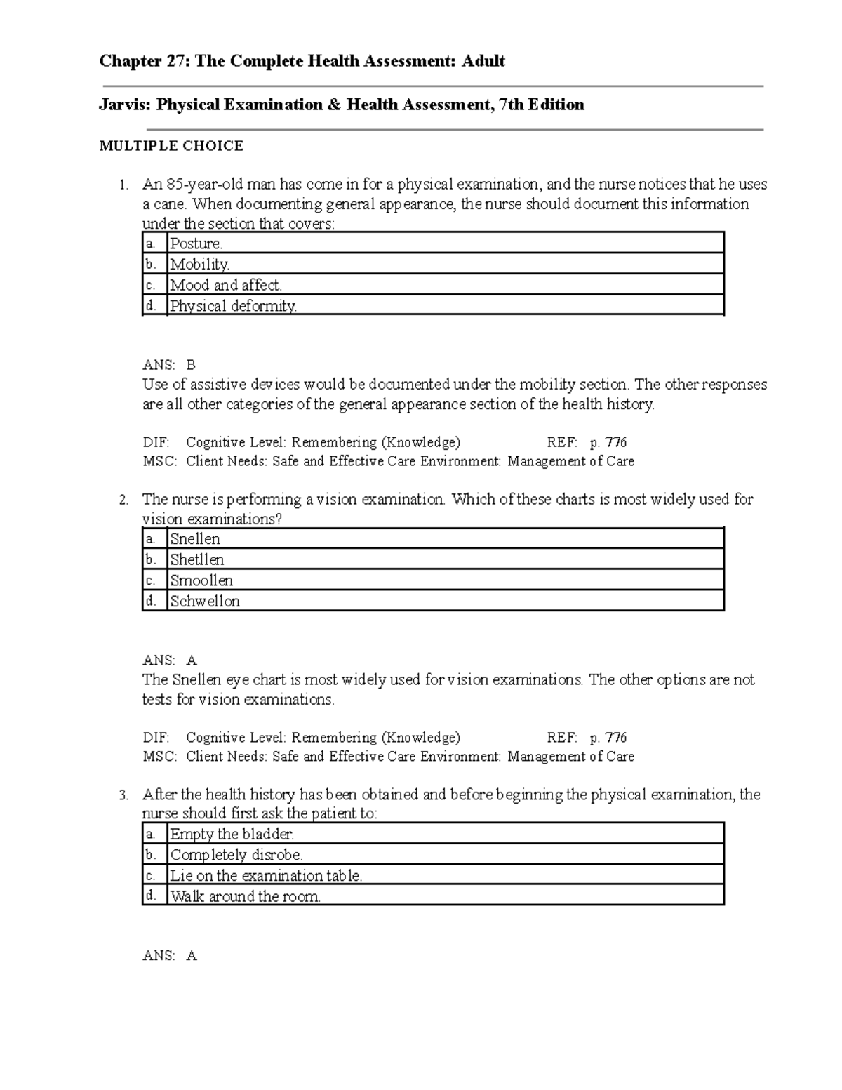 Chapter 27 Practice Questions - Complete Adult Health Assessment ...