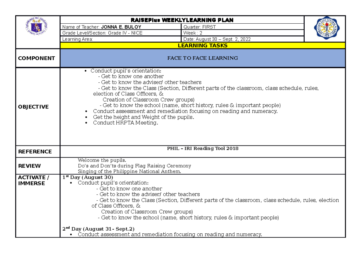 RaisePlus none RAISEPlus WEEKLYLEARNING PLAN Name of Teacher