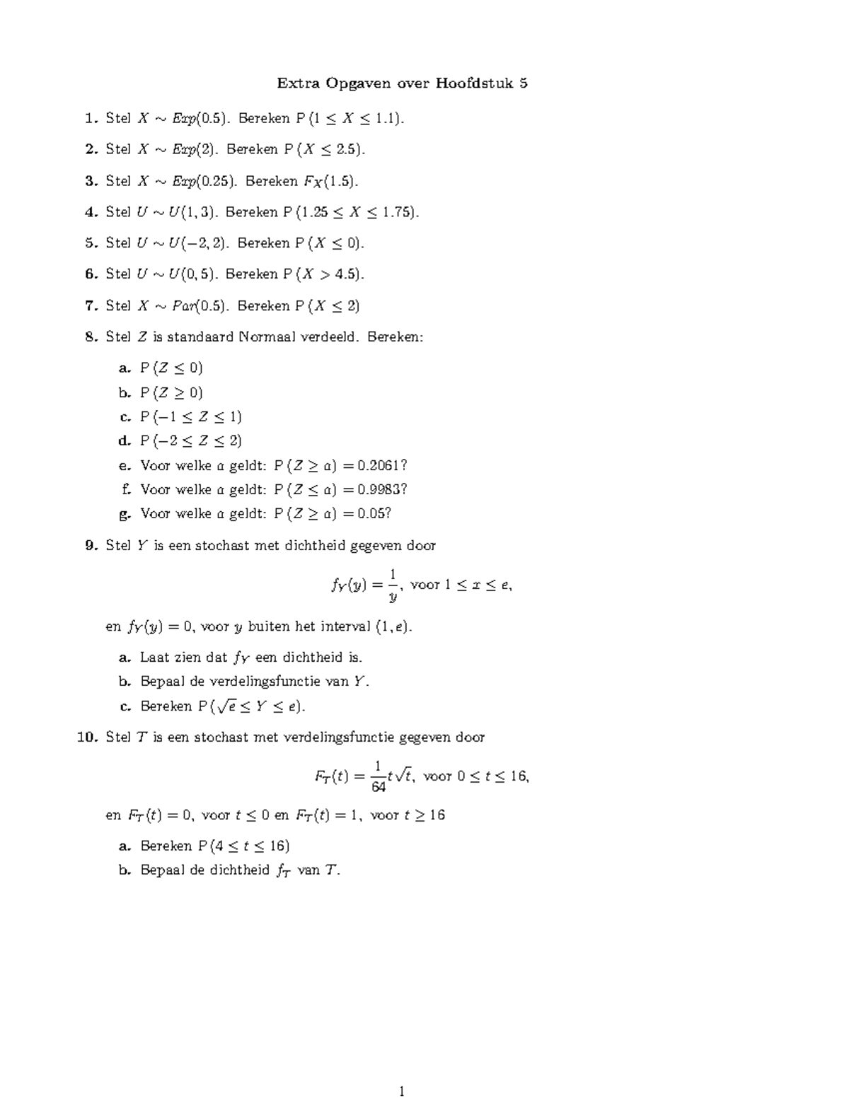 Extra Opgaven H5 Kansrekening Statistiek Extra Opgaven Over Hoofdstuk 5 Stelx Exp 0 5 Bereken P Studeersnel