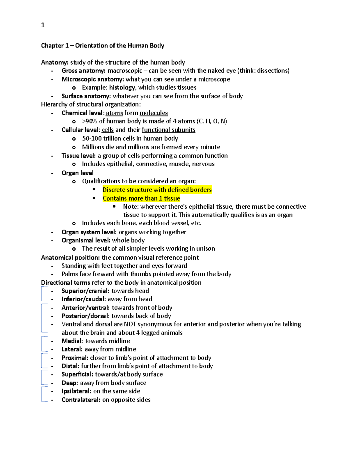 HHP3115 Unit 1 Notes - Chapter 1 – Orientation of the Human Body ...
