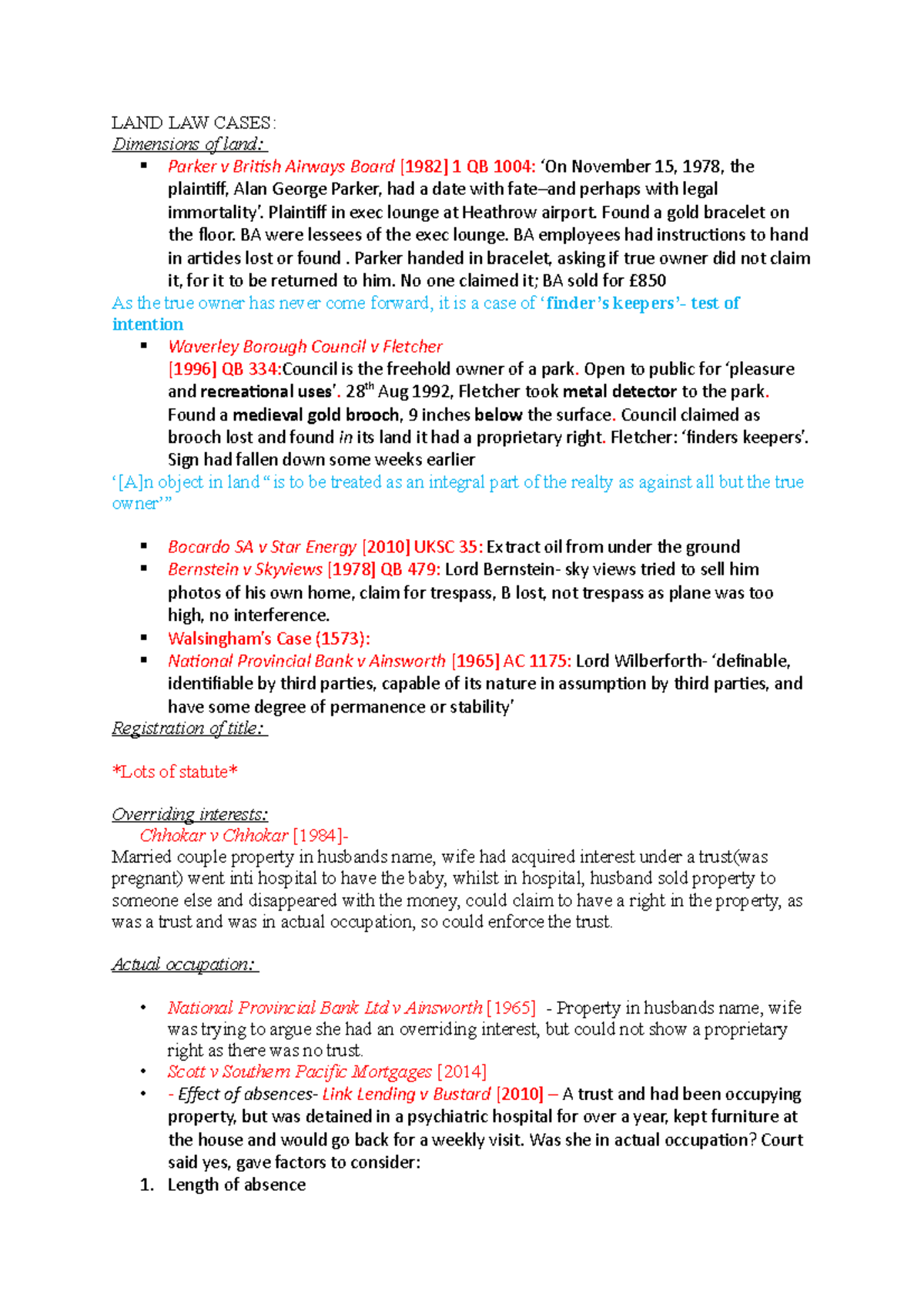 LAND LAW Cases LAND LAW CASES Dimensions of land Parker v British Airways Board [1982] 1 QB