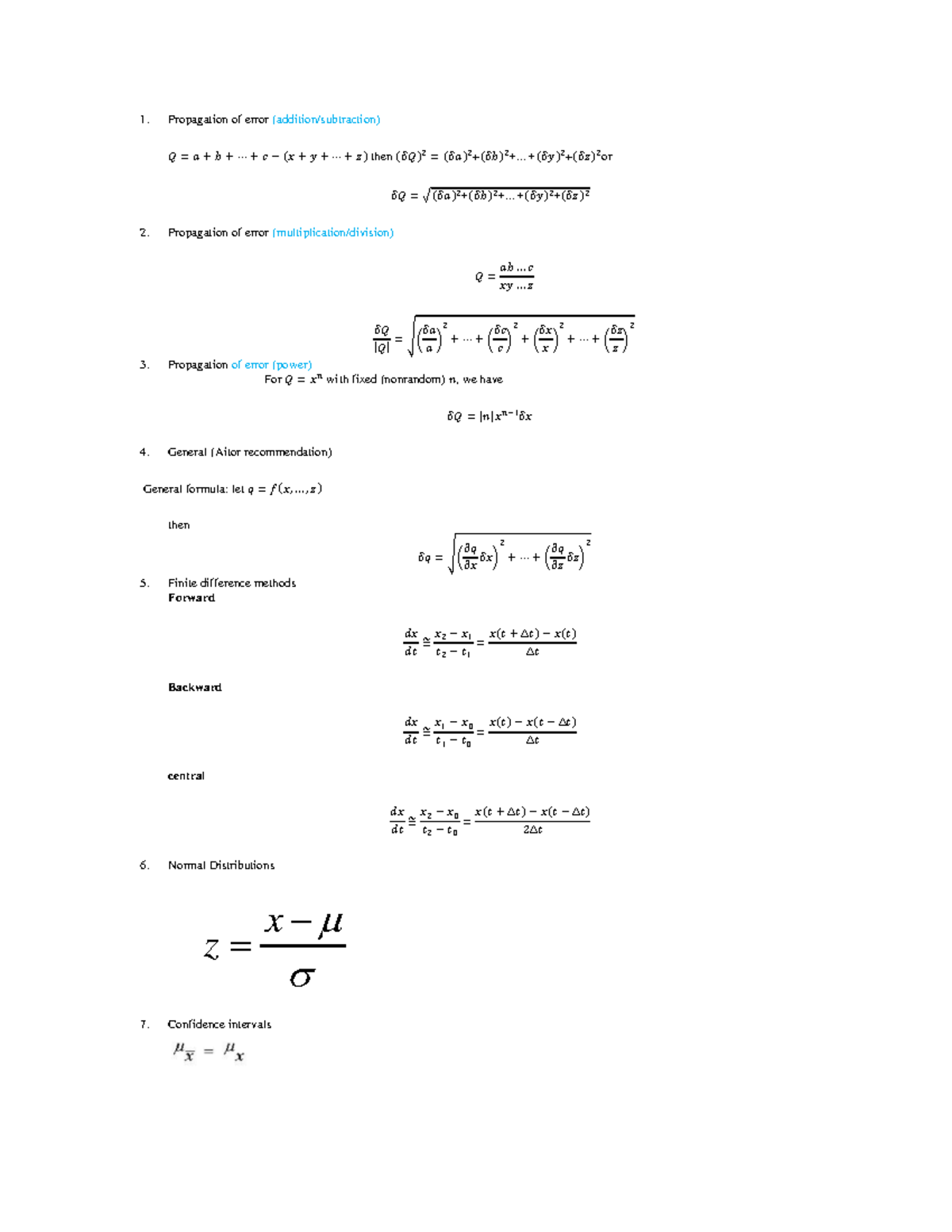 Formula sheet - this is helpful - Propagation of error (addition ...