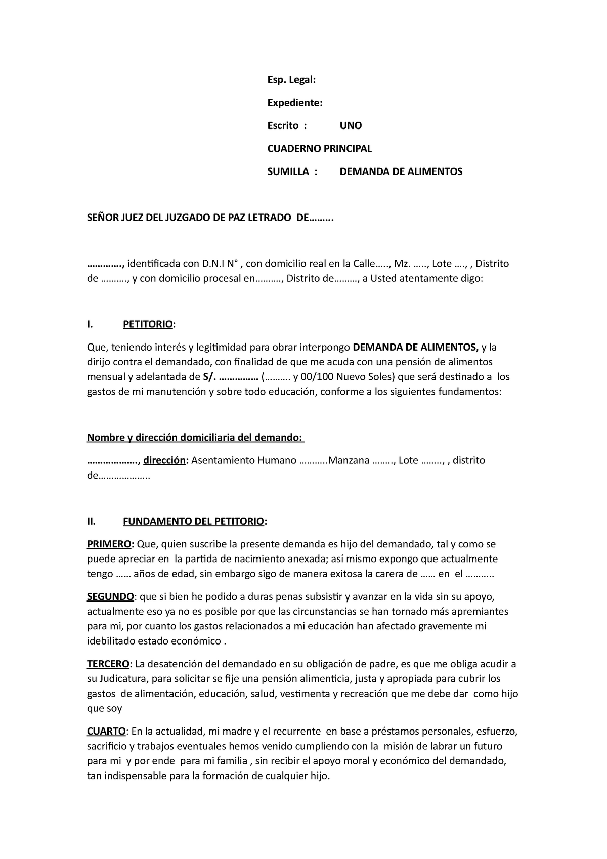 Demanda Alimentos Marco Coronado NOV 2021 - Esp. Legal: Expediente ...