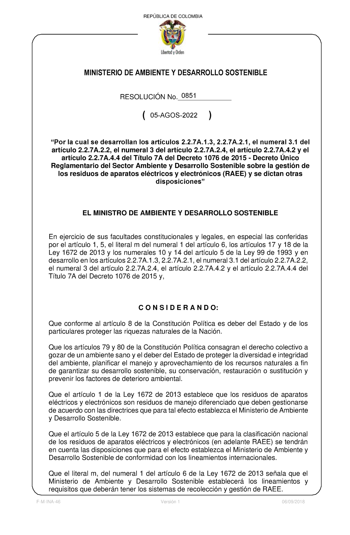 Resolucion 0851 De 2022 - MINISTERIO DE AMBIENTE Y DESARROLLO ...