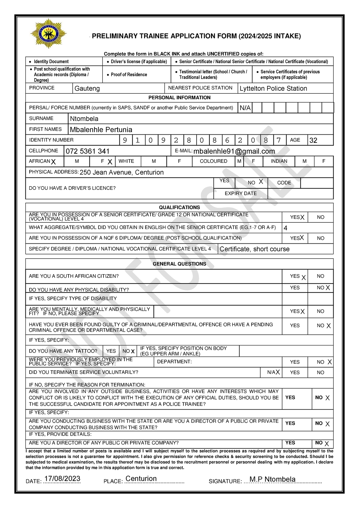 Filled Aplication Form - SAPS PRELIMINARY TRAINEE APPLICATION FORM ...