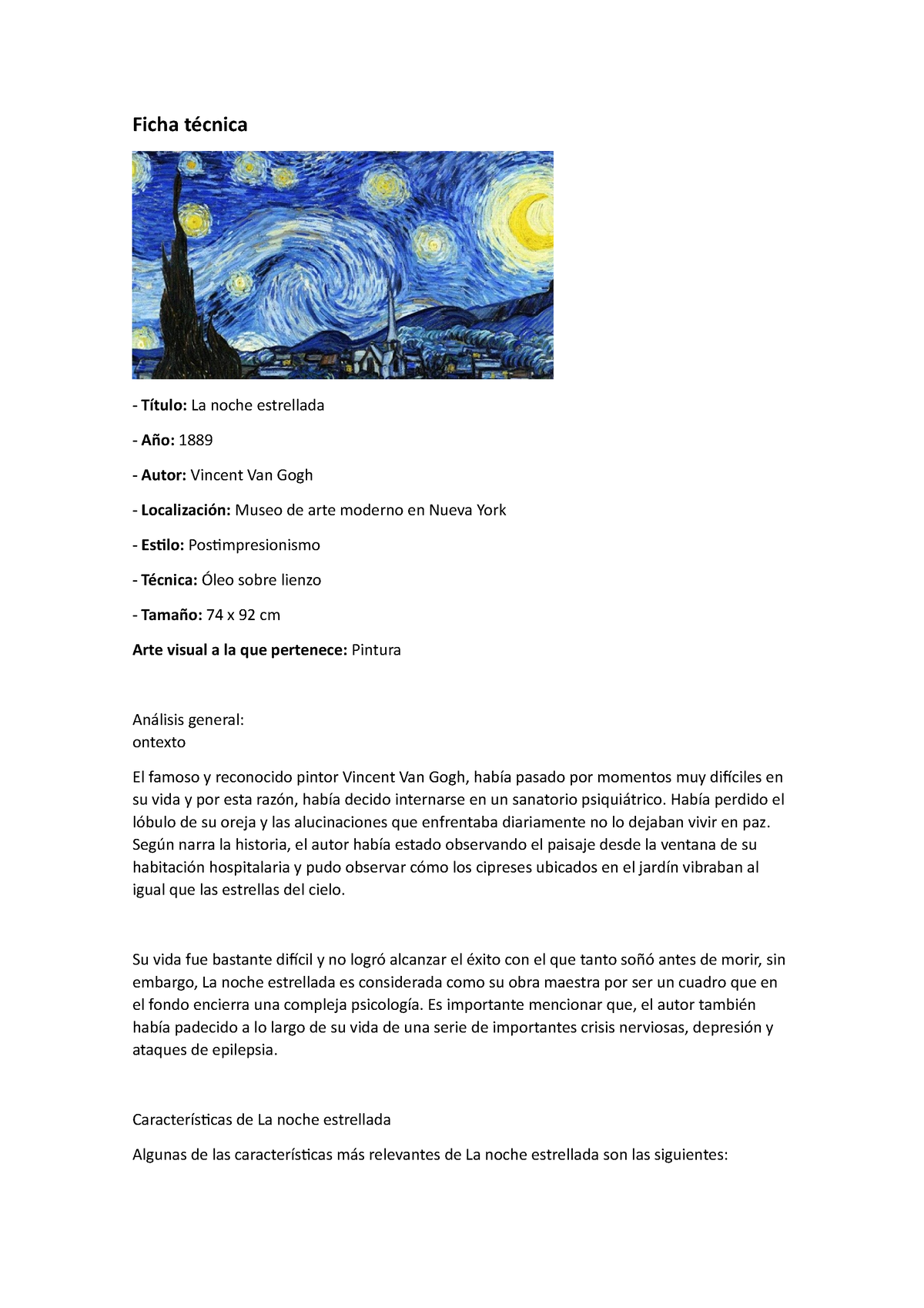 Entretener Santuario India Informaciones generales de La Noche Estrellada de Van Gogh - Ficha técnica  Título: La noche - Studocu