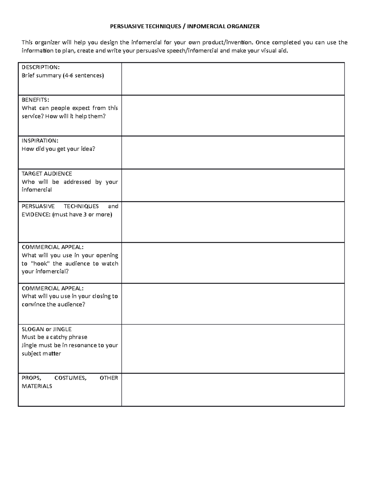 Performance TASK Organizer - PERSUASIVE TECHNIQUES / INFOMERCIAL ...