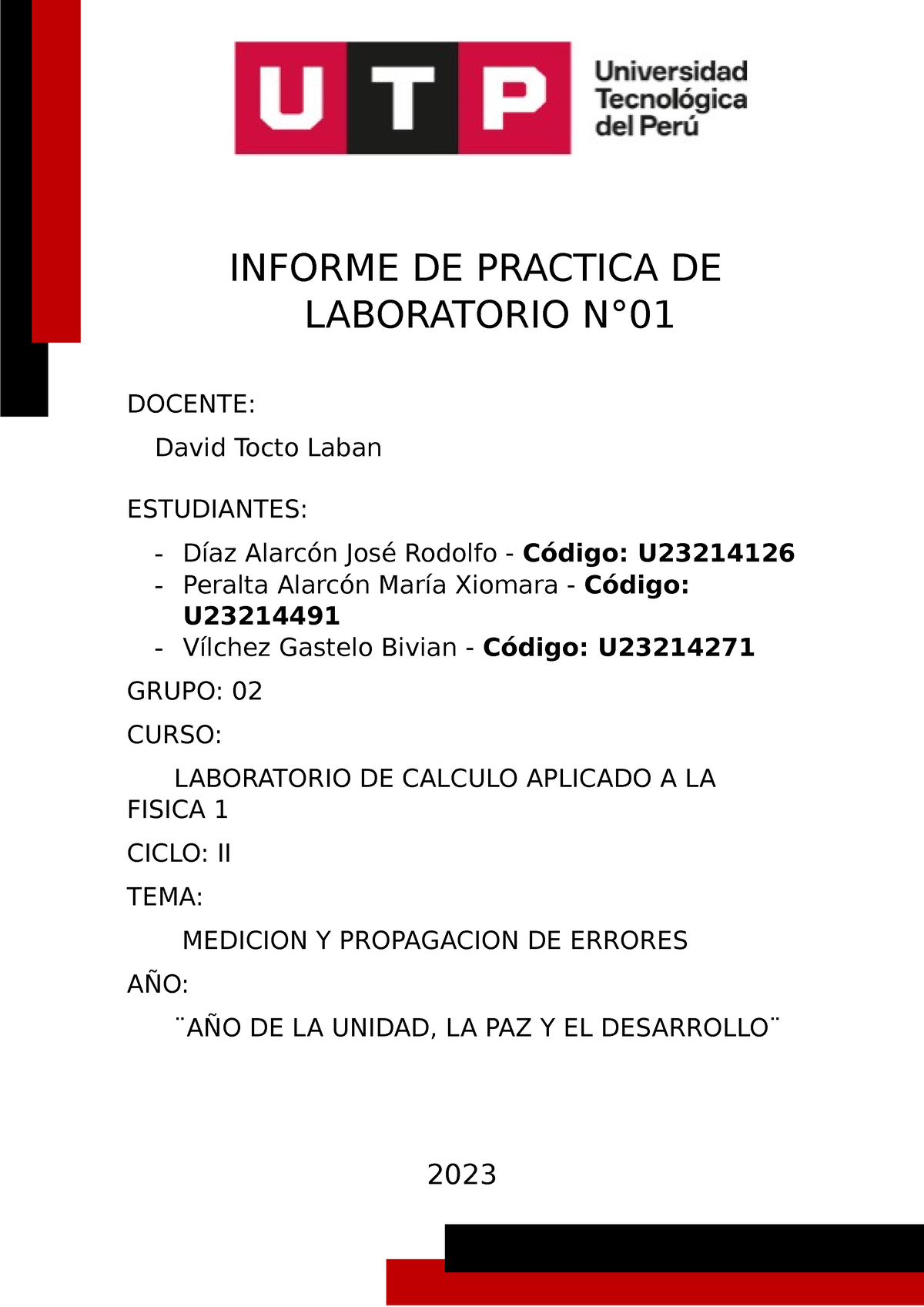 Informe De Laboratorio 1 CAF1 - 2023 INFORME DE PRACTICA DE LABORATORIO ...