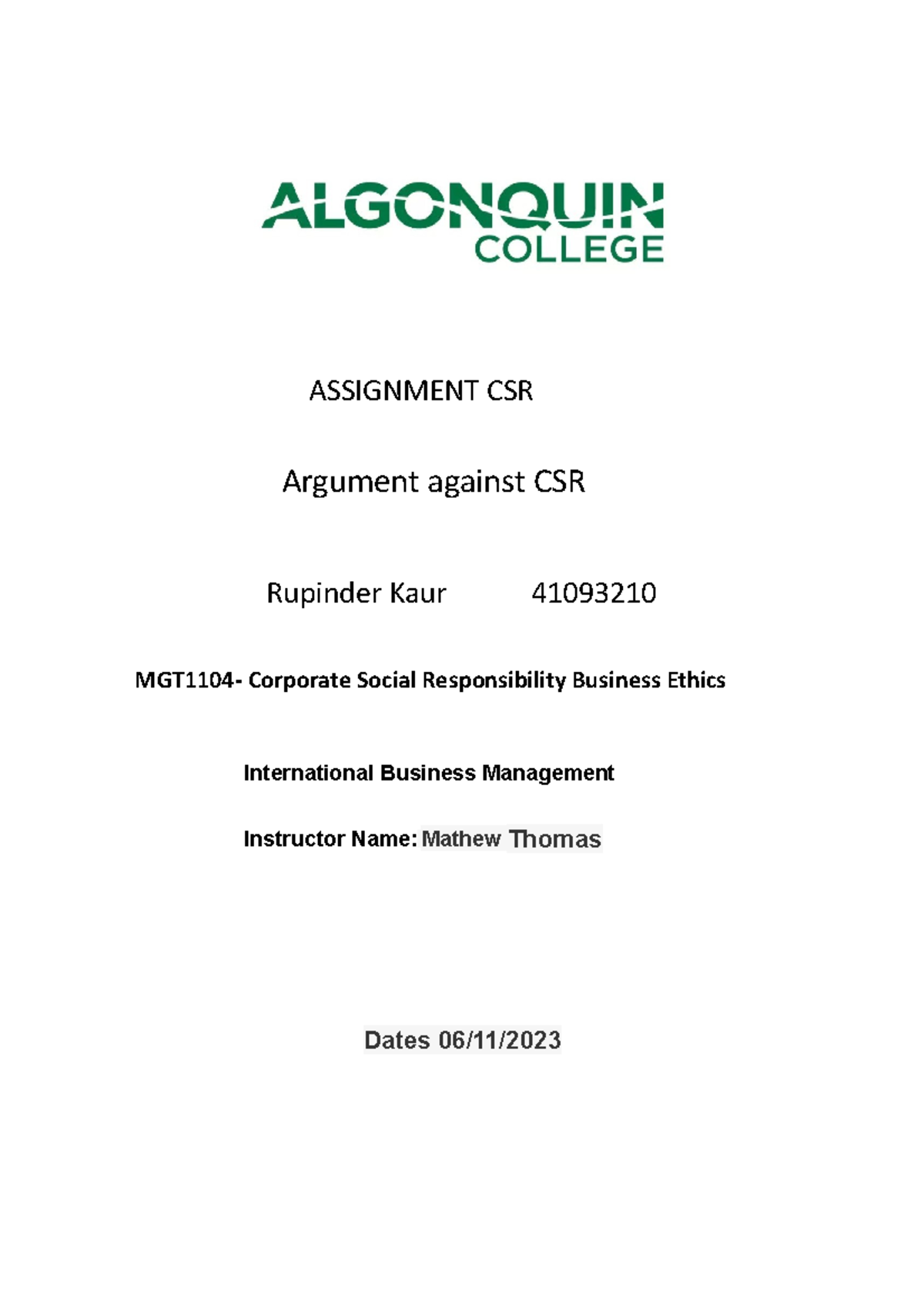 Assignment APA - gud - ASSIGNMENT CSR Argument against CSR Rupinder ...