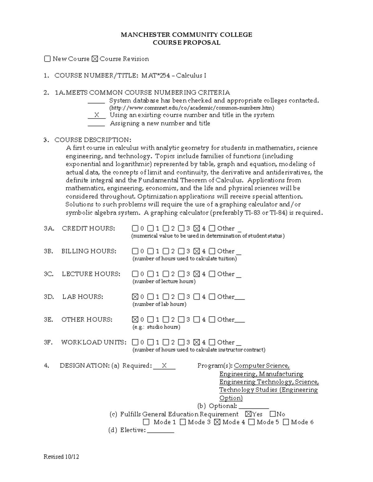 MAT 254 Syllabus Fall12eff2013 MANCHESTER COMMUNITY COLLEGE COURSE