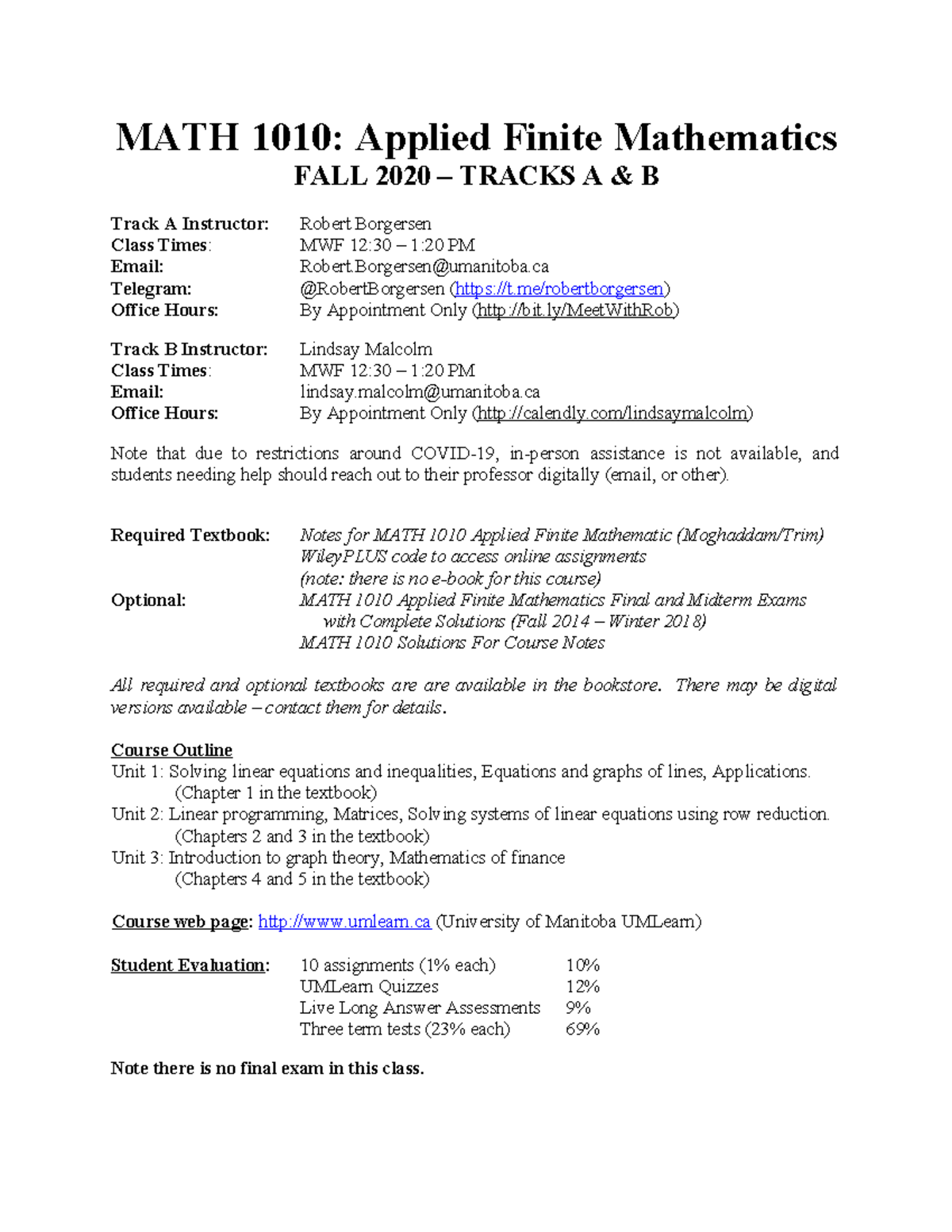 Math1010 Syllabus MATH 1010 Applied Finite Mathematics FALL 2020