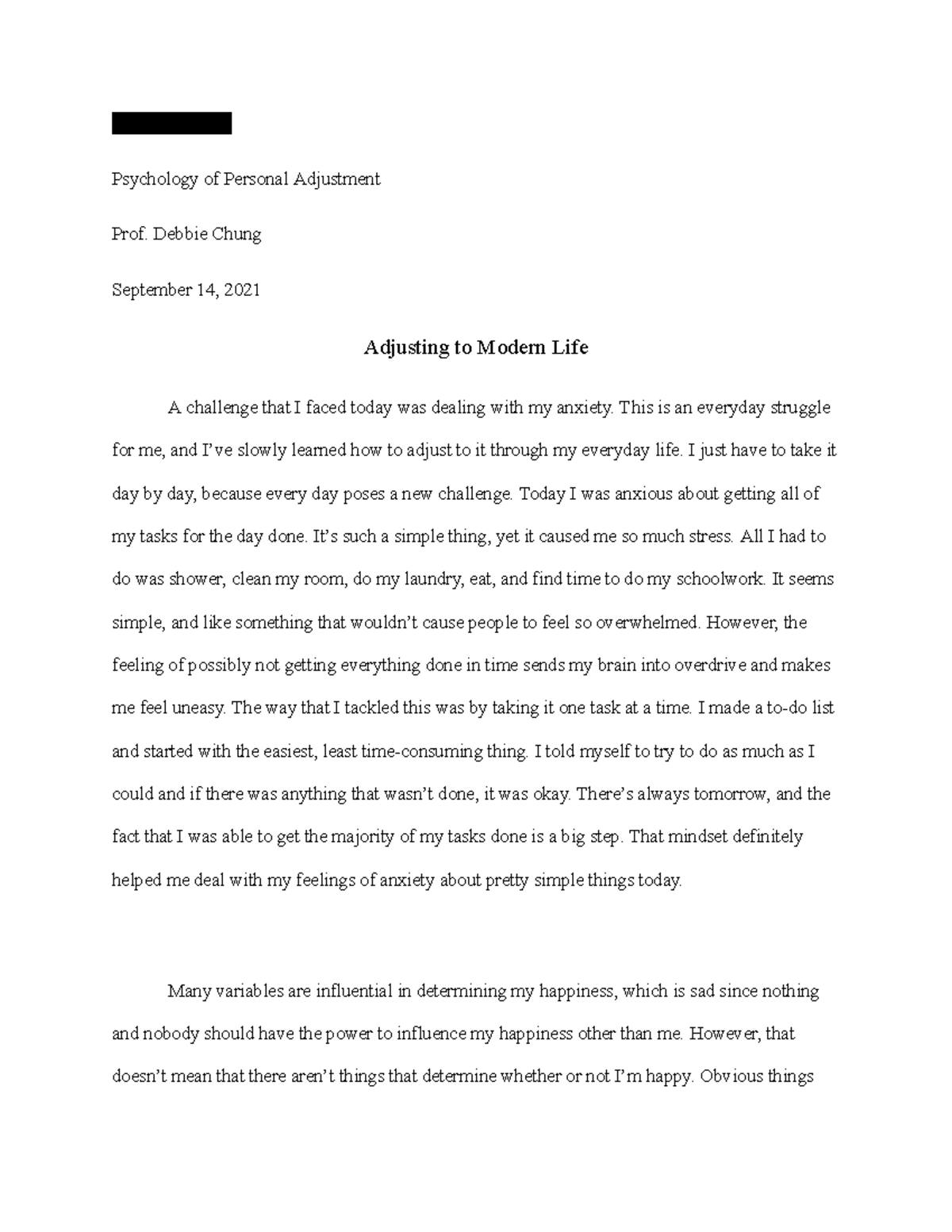 Chapter 1 Assignment Amanda Bittner Psychology of Personal Adjustment