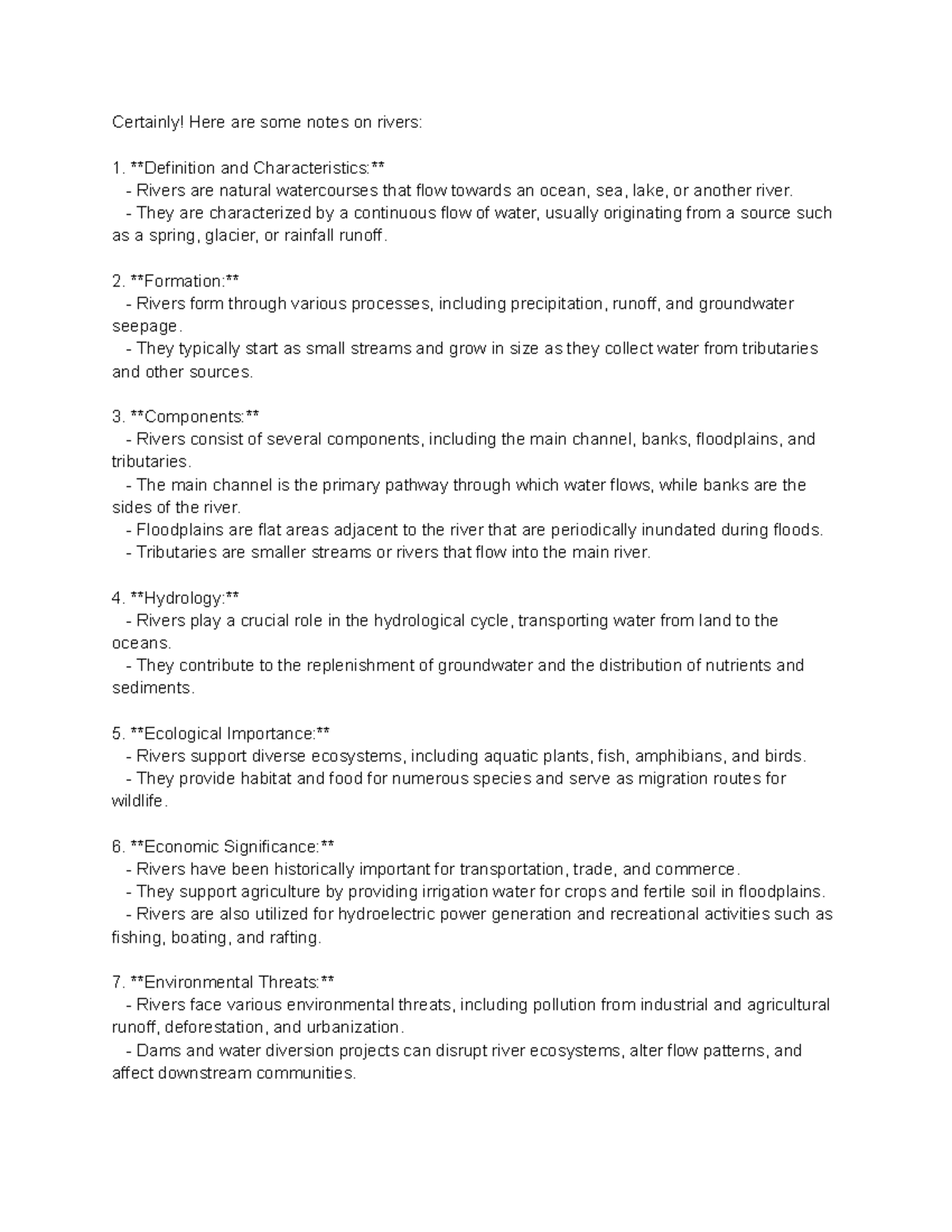 Notes rivers - Certainly! Here are some notes on rivers: Definition and ...