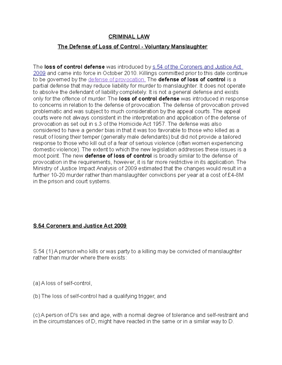 Criminal LAW (LOSS OF SELF Control) lecture notes - CRIMINAL LAW The ...