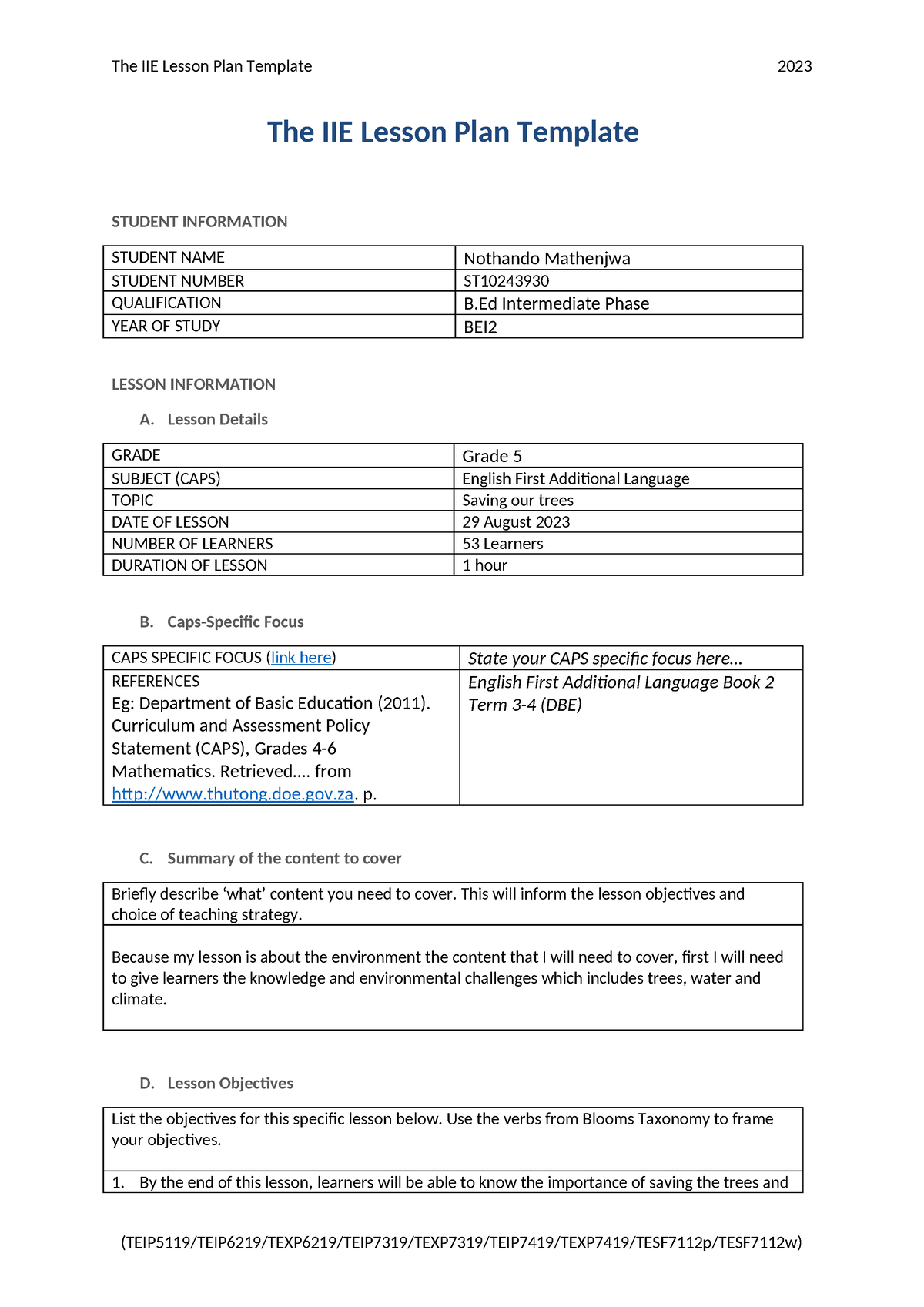 English Lesson Plan 2023 - The IIE Lesson Plan Template STUDENT ...