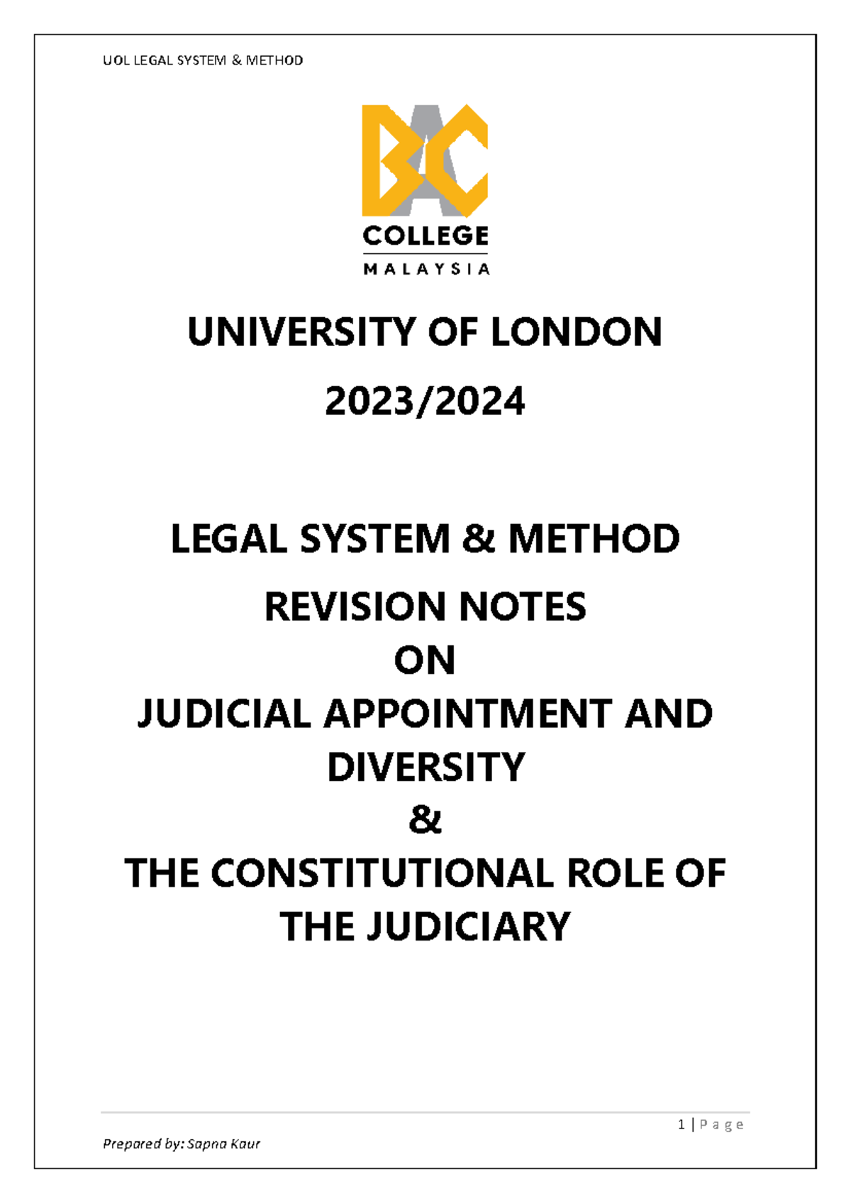 Revision Notes on Judiciary 2023 - 1 | P a g e UNIVERSITY OF LONDON ...